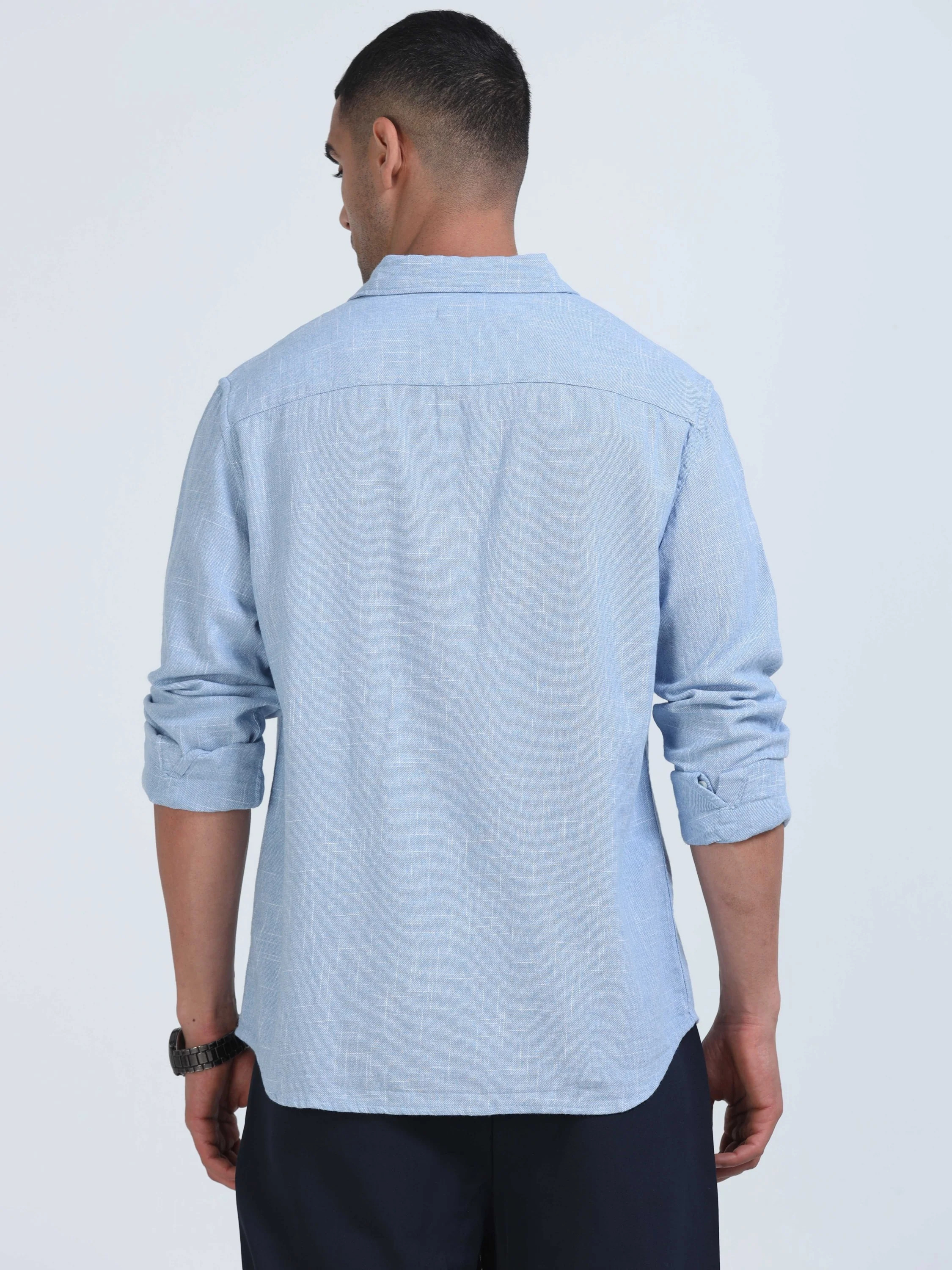 Men Light Blue Slub Textured Shirt - Image 3