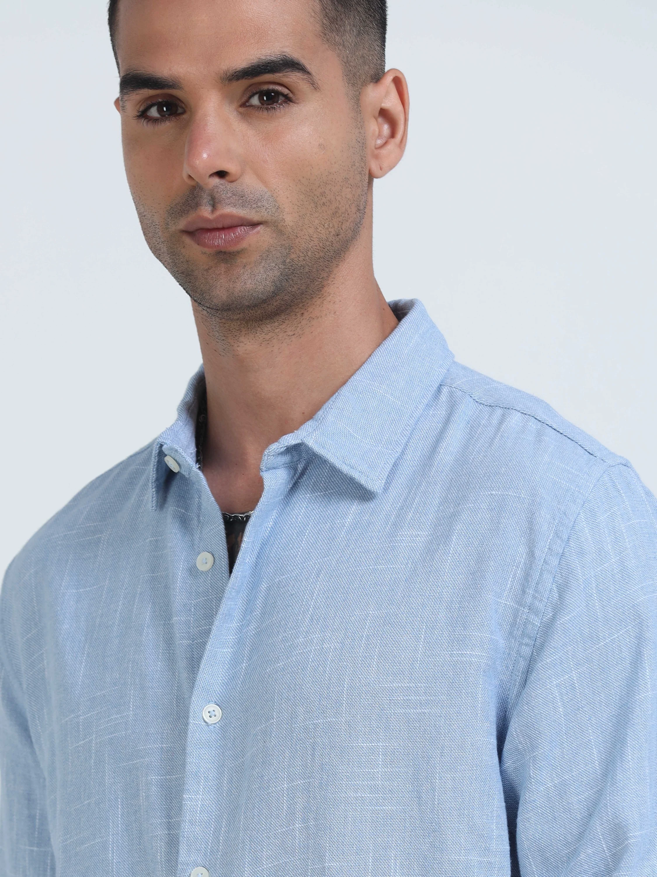 Men Light Blue Slub Textured Shirt - Image 4