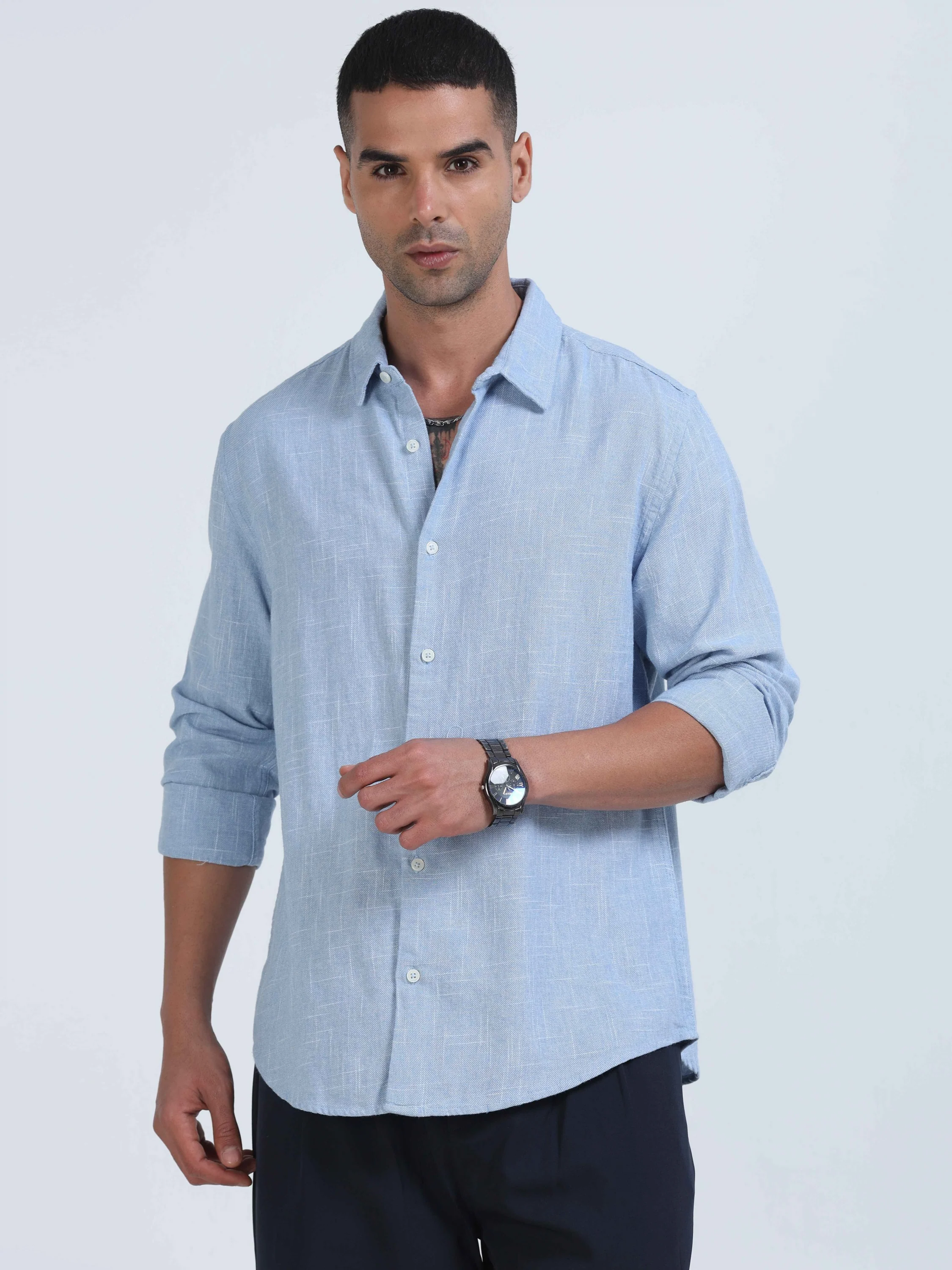 Men Light Blue Slub Textured Shirt - Image 5