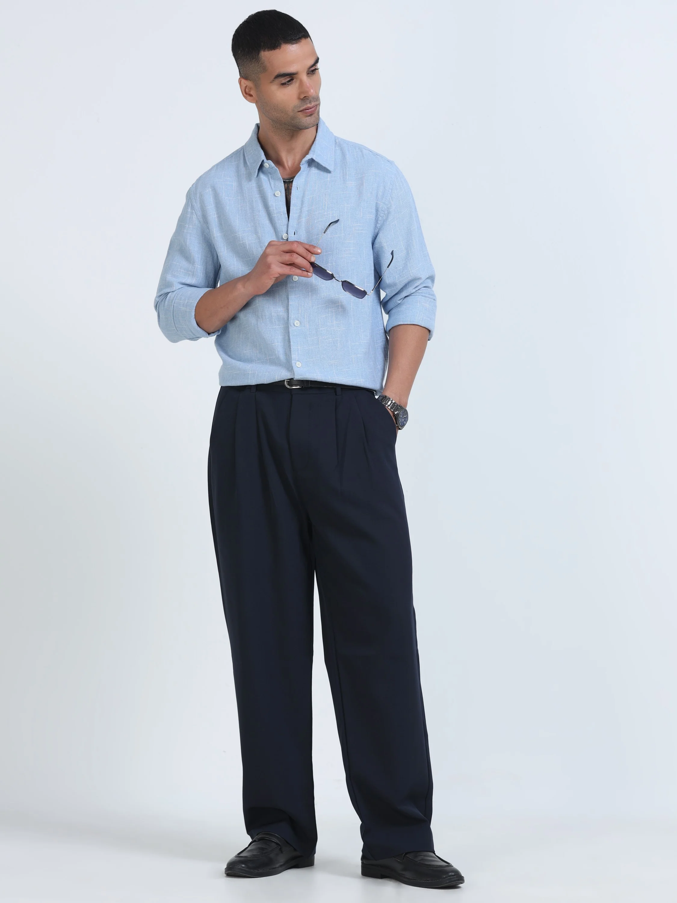Men Light Blue Slub Textured Shirt - Image 6