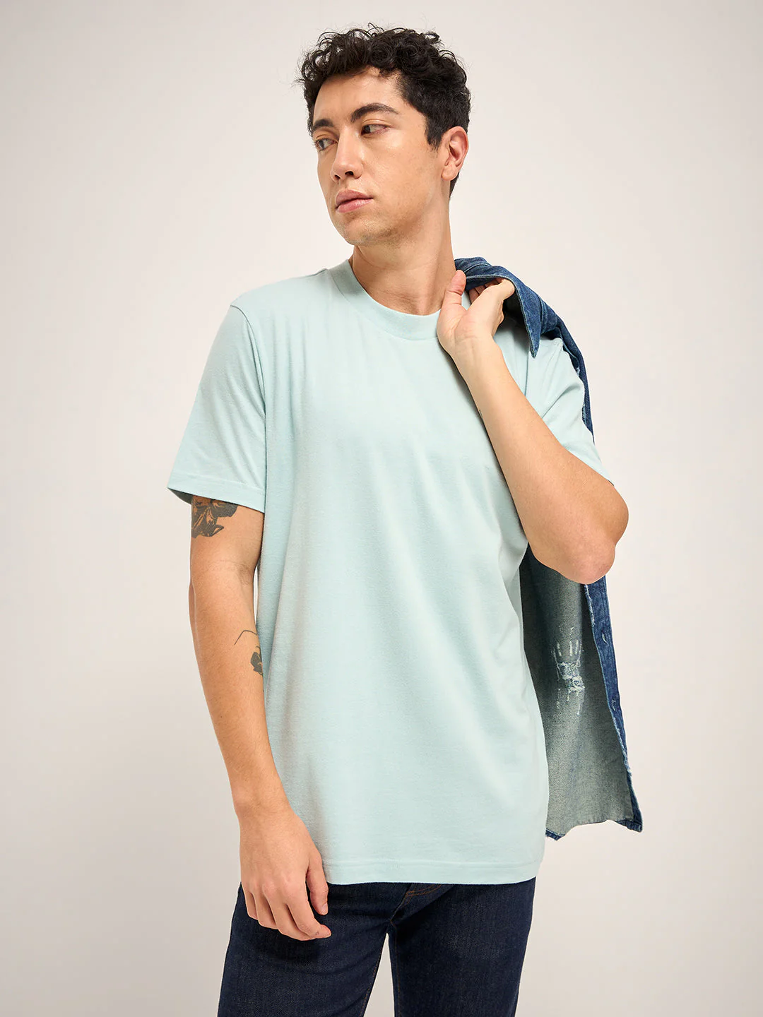 Men Light Blue Solid Crew Neck Regular Fit T-Shirt