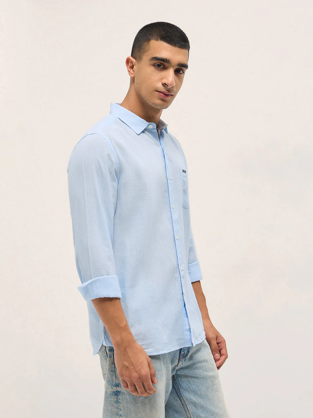 Men Light Blue Solid Lyocell Slim Fit Casual Shirt - Image 3