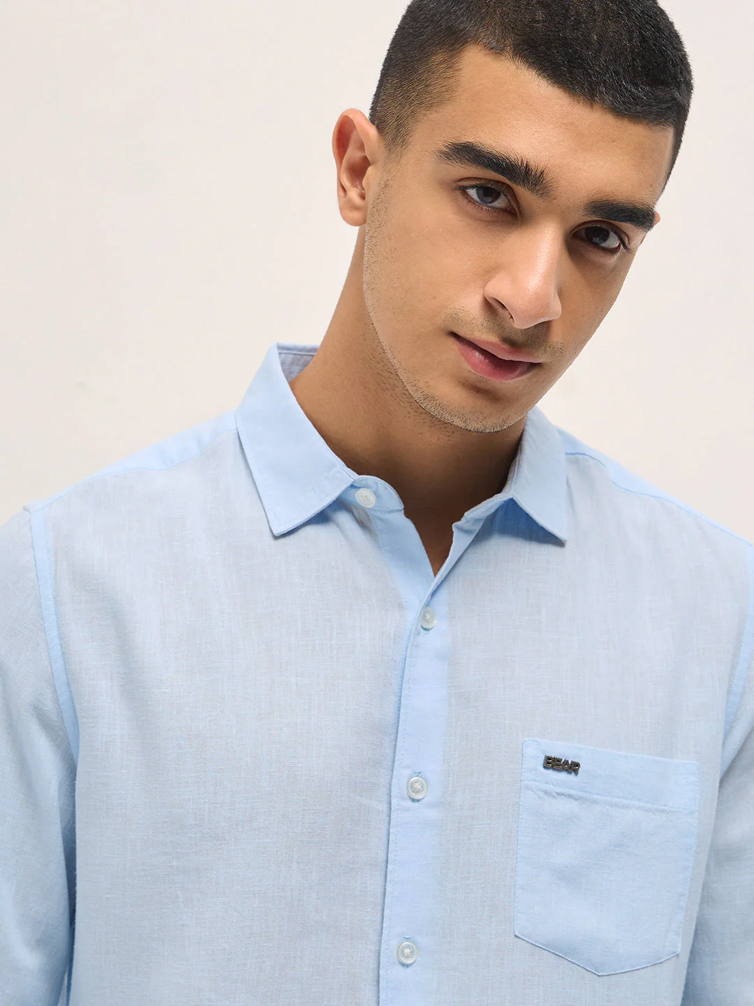 Men Light Blue Solid Lyocell Slim Fit Casual Shirt - Image 5