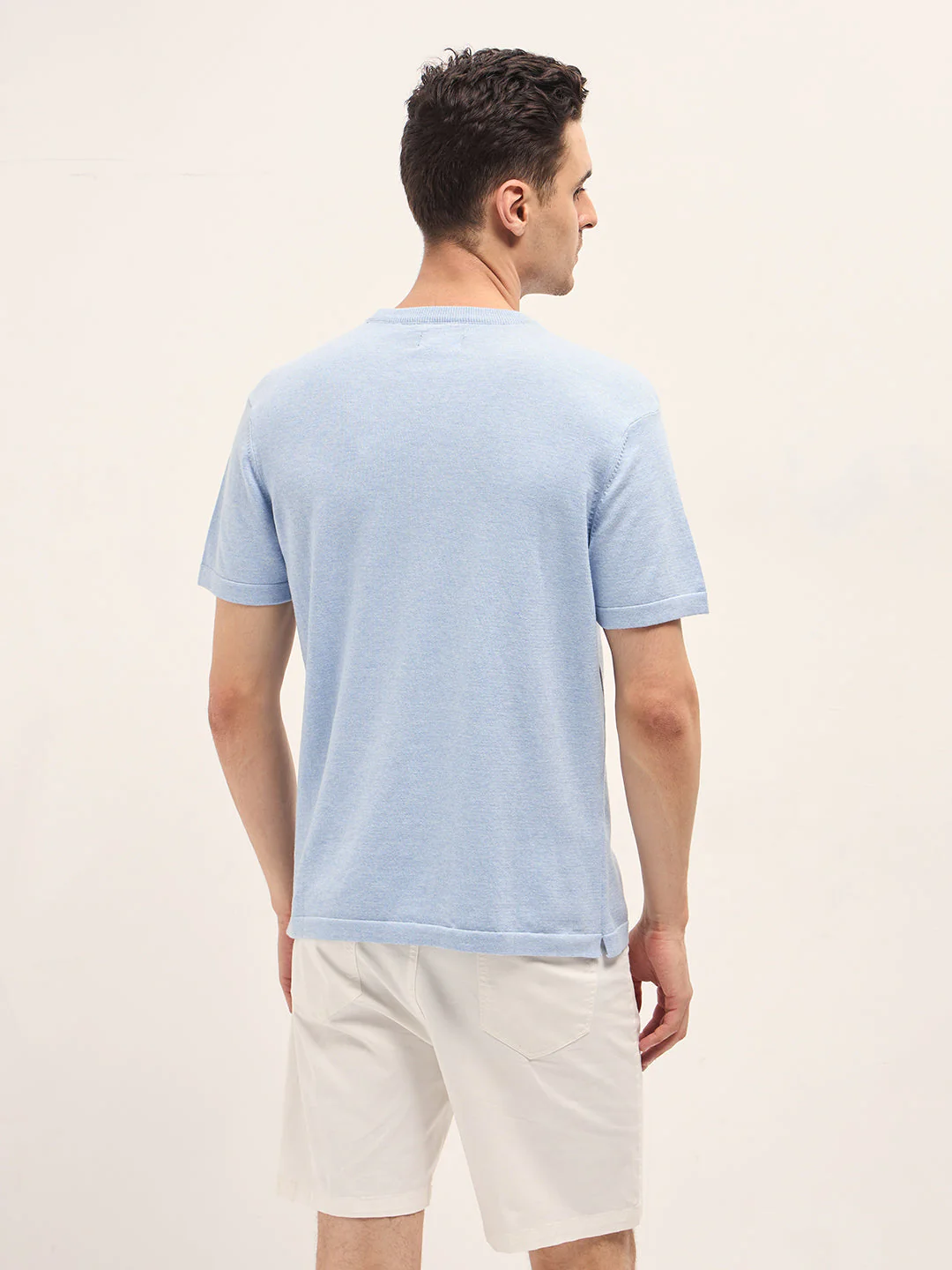 Men Light Blue Solid Regular Fit Ribbed Crew Neck T-shirt - Image 2
