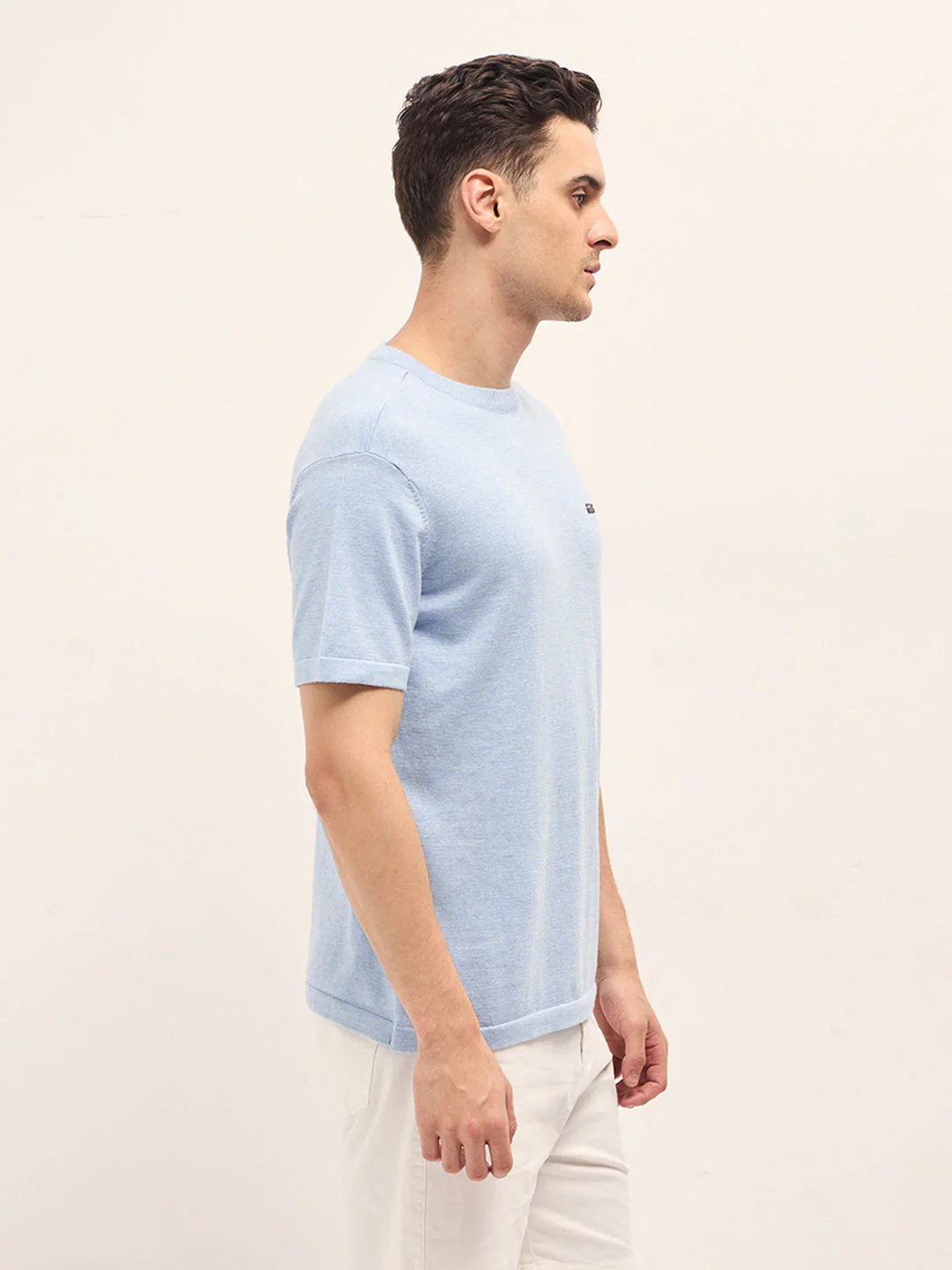 Men Light Blue Solid Regular Fit Ribbed Crew Neck T-shirt - Image 3