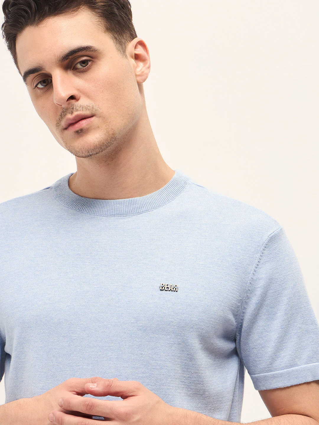 Men Light Blue Solid Regular Fit Ribbed Crew Neck T-shirt - Image 5