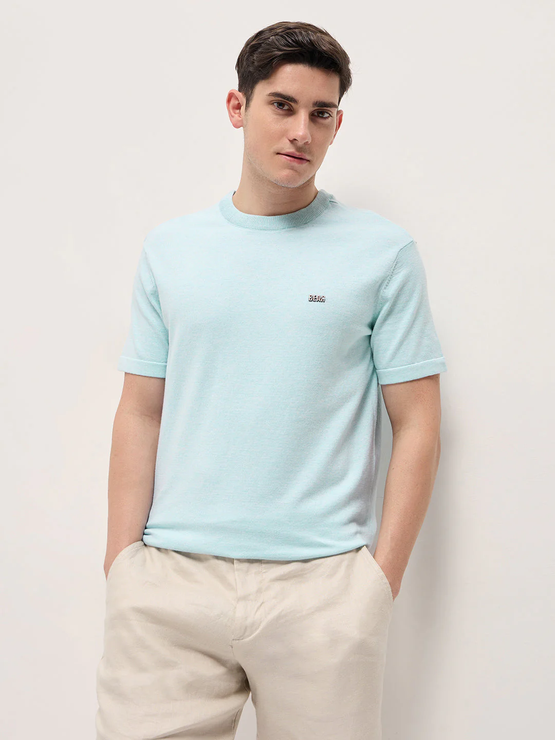 Men Light Blue Solid Regular Fit Ribbed Crew Neck T-shirt