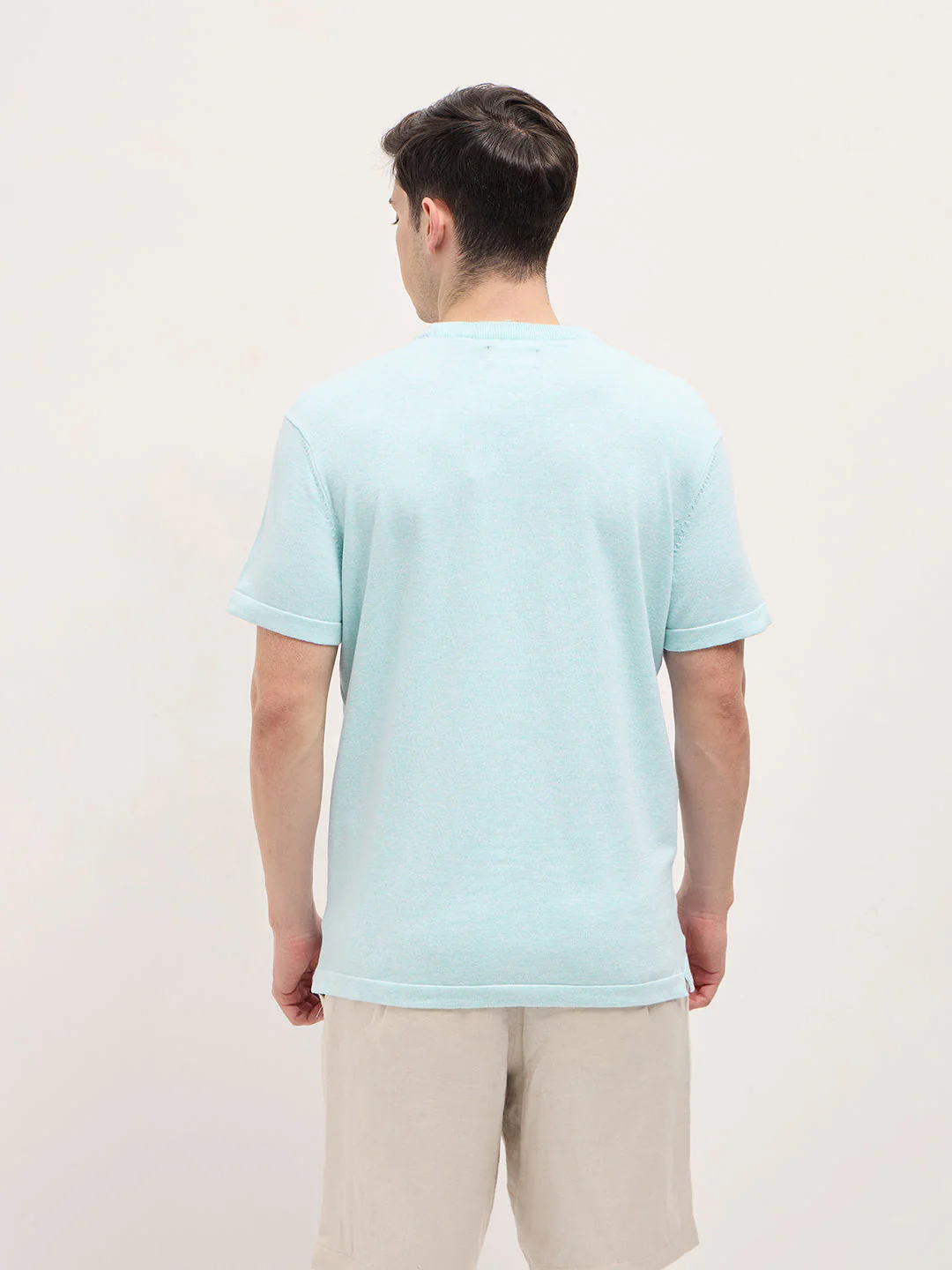 Men Light Blue Solid Regular Fit Ribbed Crew Neck T-shirt - Image 2