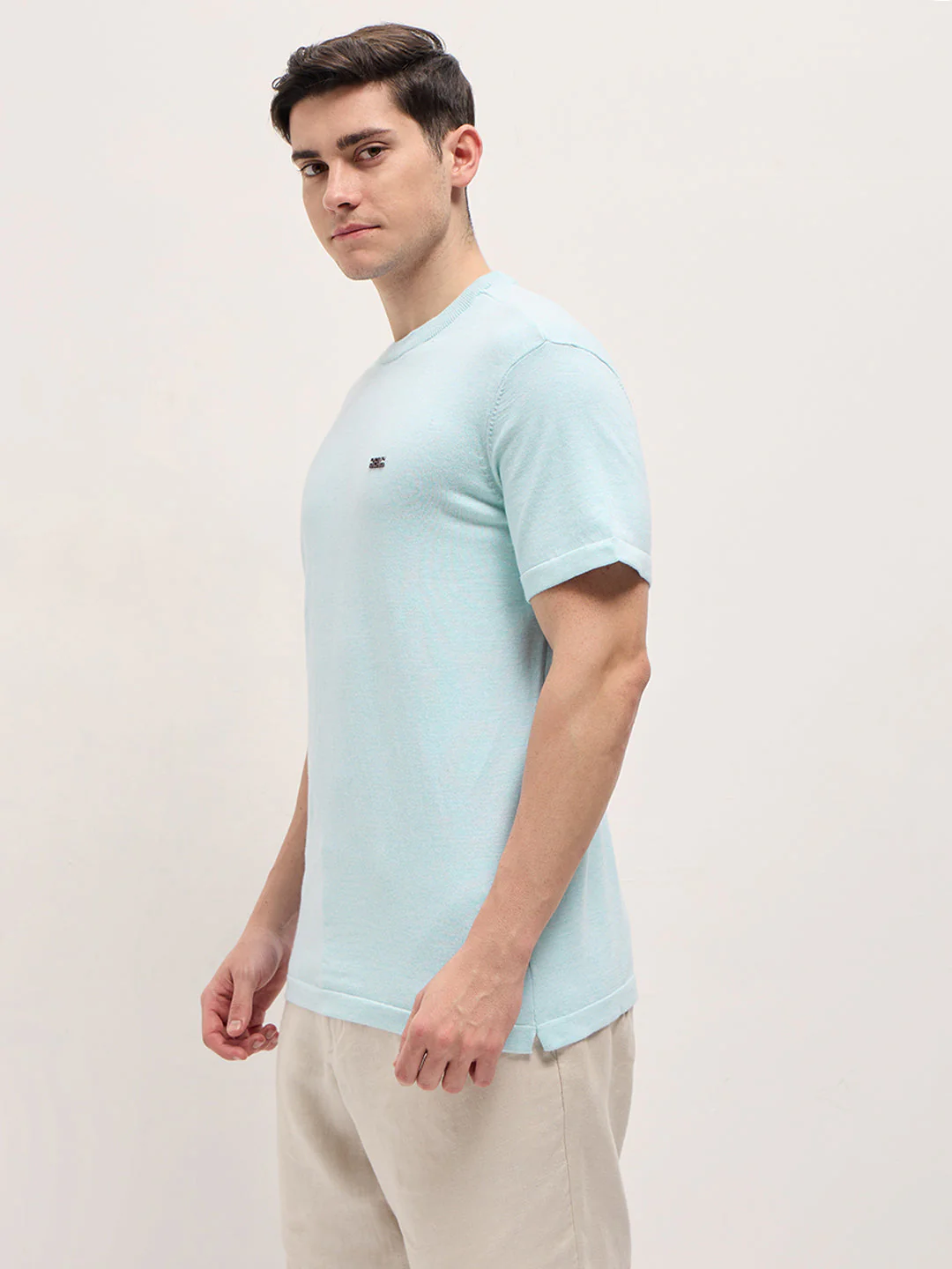 Men Light Blue Solid Regular Fit Ribbed Crew Neck T-shirt - Image 3