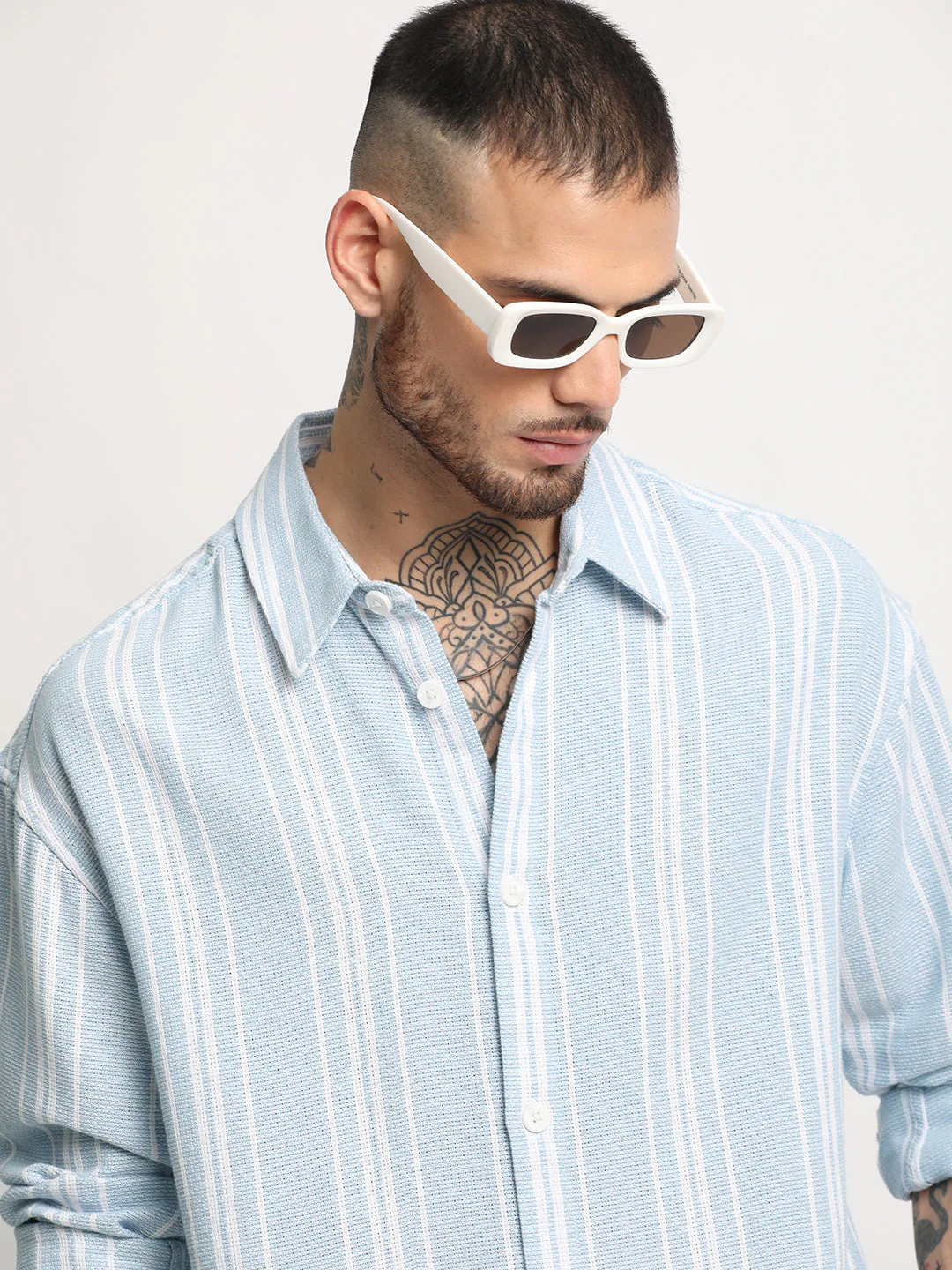Men  Light Blue Stripe Relax Fit Casual Shirt - Image 2