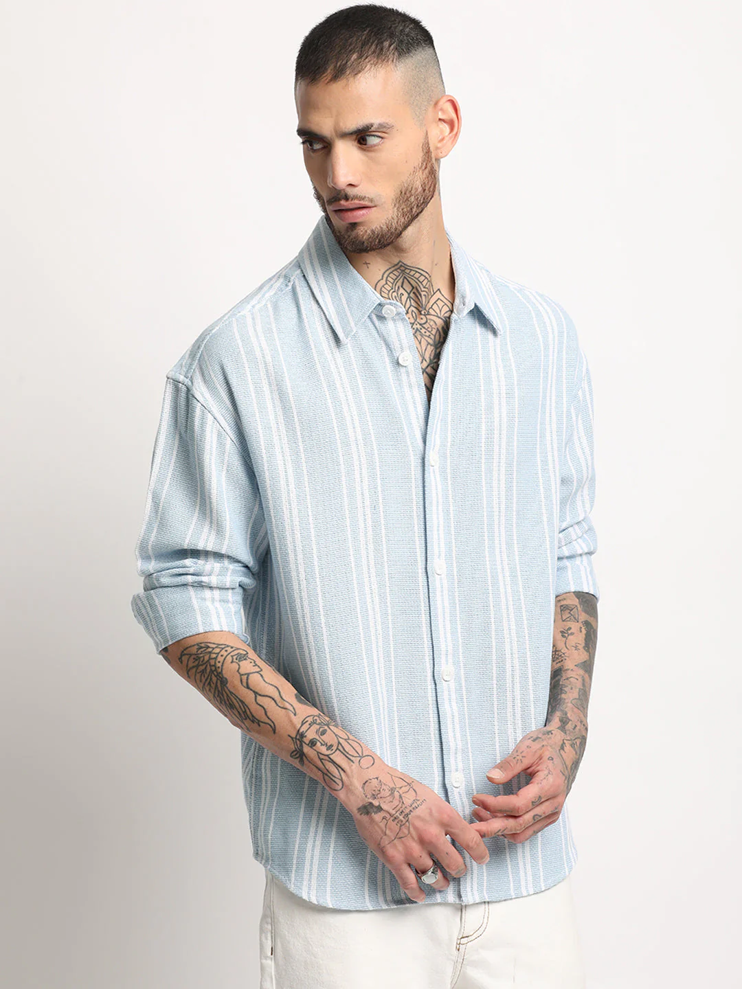 Men  Light Blue Stripe Relax Fit Casual Shirt - Image 3