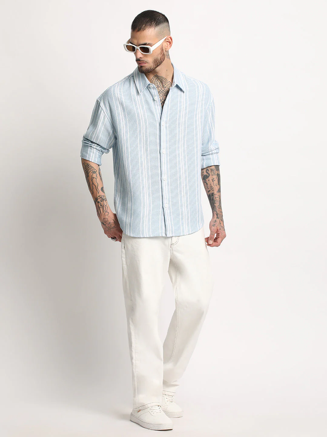 Men  Light Blue Stripe Relax Fit Casual Shirt - Image 5