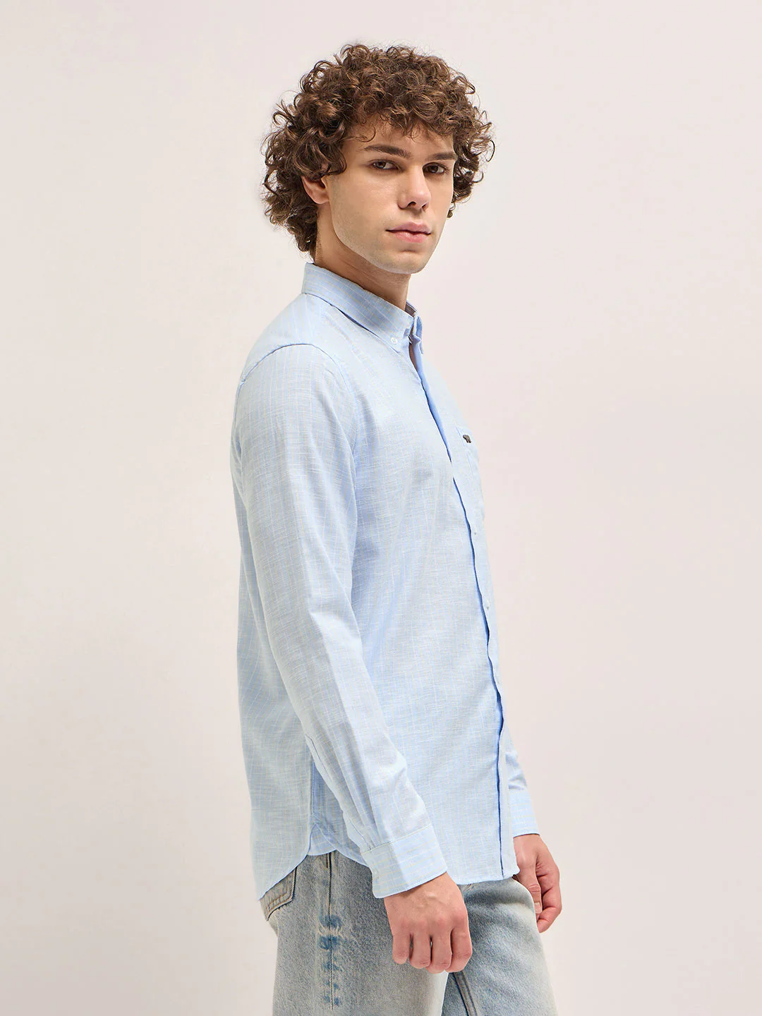 Men Light Blue Stripes Slim Fit Casual Shirt - Image 3