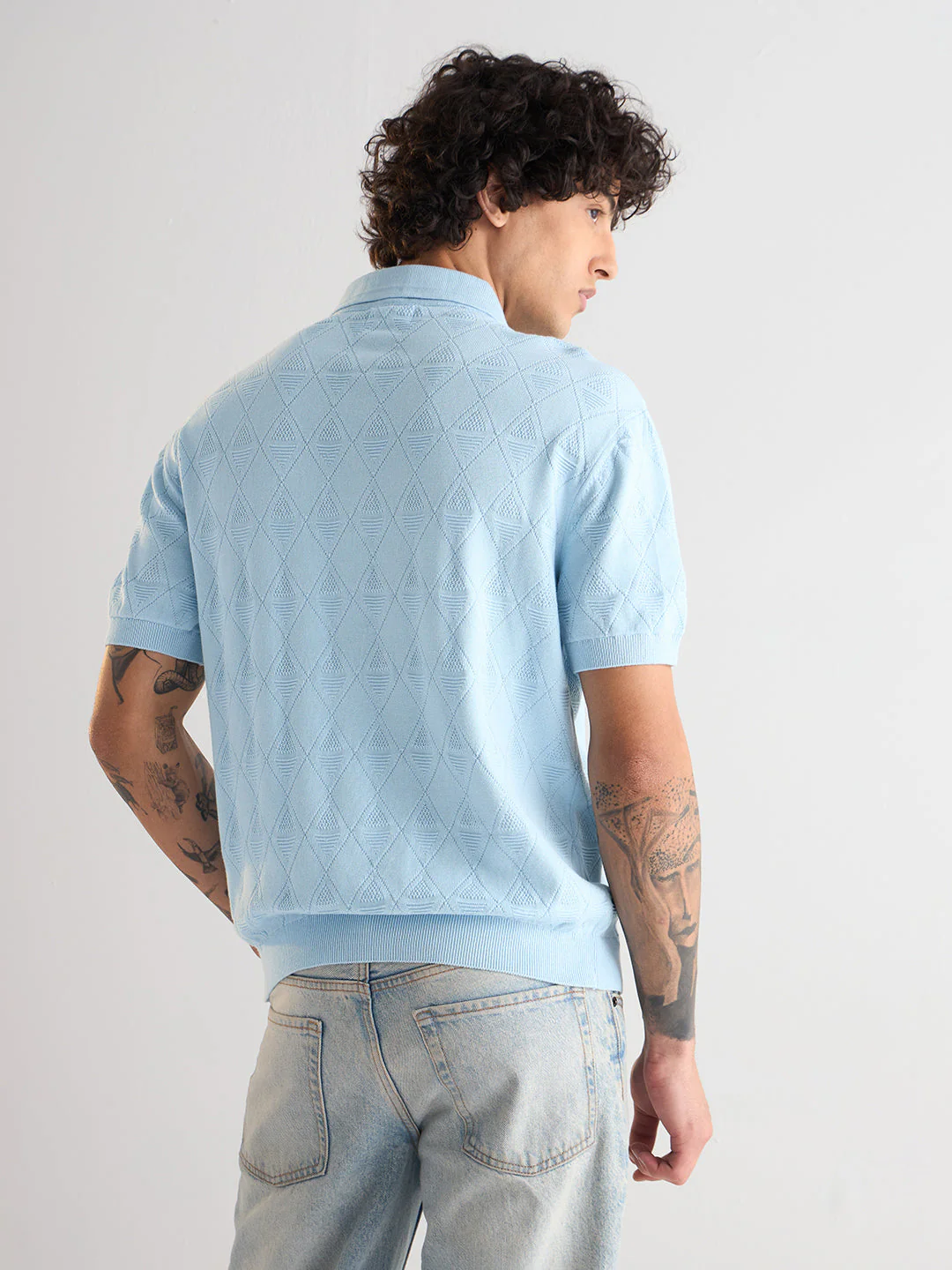 Men Light Blue Textured Knit Design Regular Fit Polo - Image 2