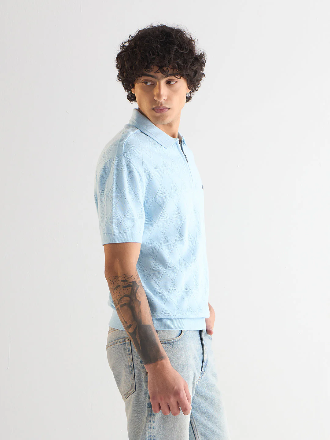 Men Light Blue Textured Knit Design Regular Fit Polo - Image 3