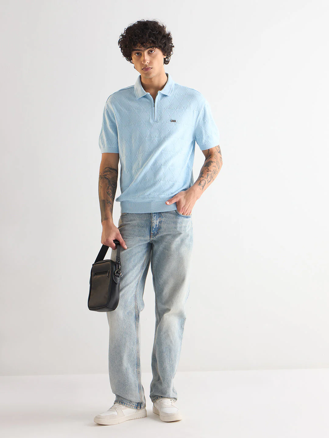 Men Light Blue Textured Knit Design Regular Fit Polo - Image 4