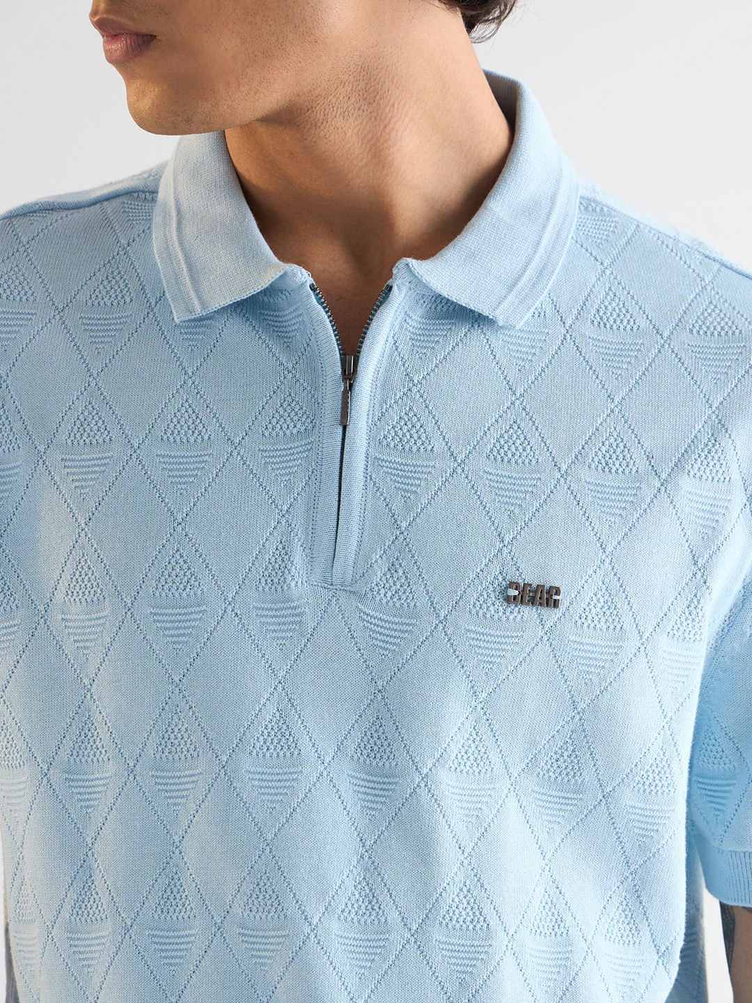 Men Light Blue Textured Knit Design Regular Fit Polo - Image 5