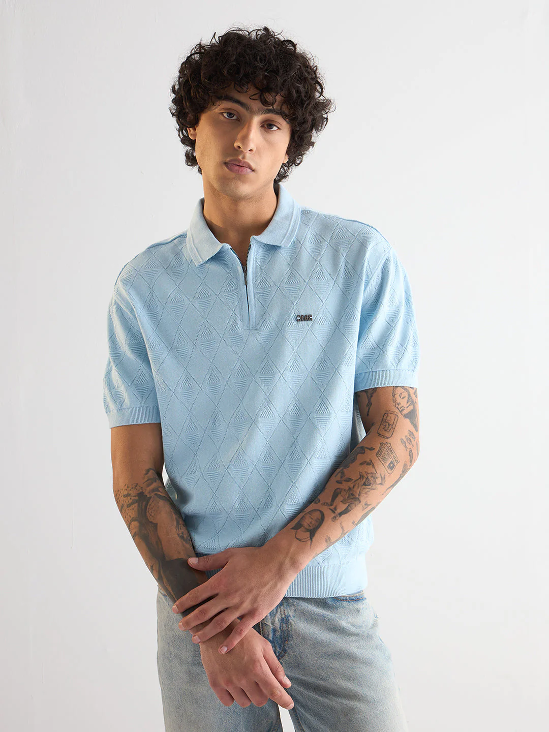 Men Light Blue Textured Knit Design Regular Fit Polo - Image 6