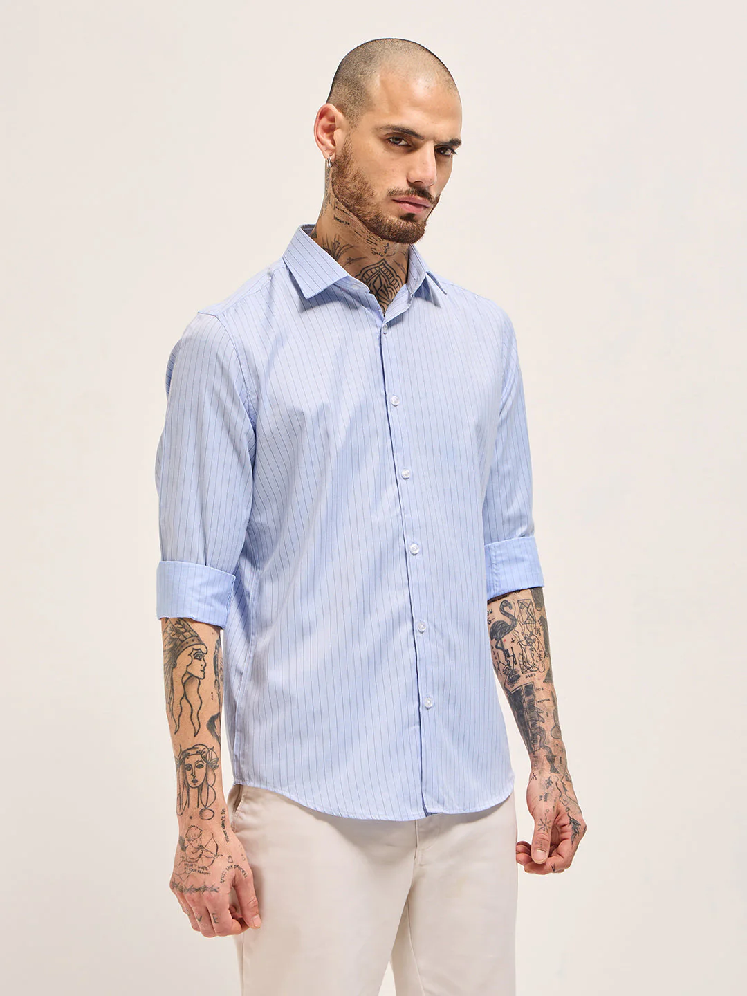Men Light Blue Vertical Striped Tailored Fit Formal Shirt - Image 3