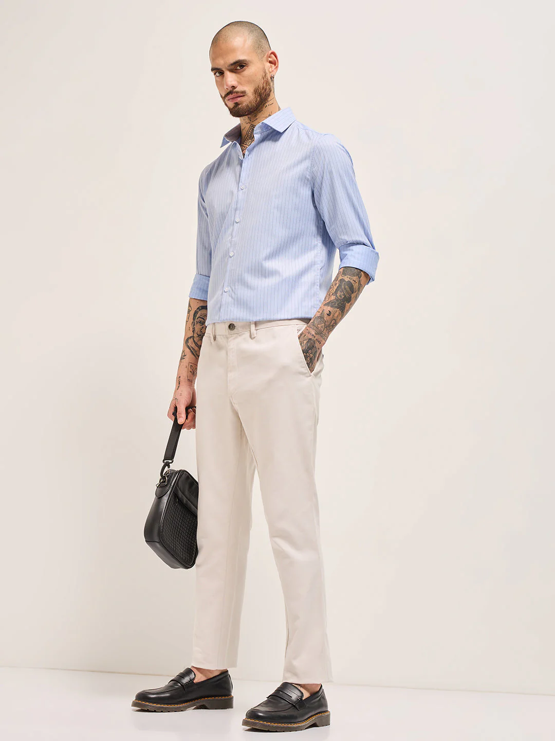 Men Light Blue Vertical Striped Tailored Fit Formal Shirt - Image 4