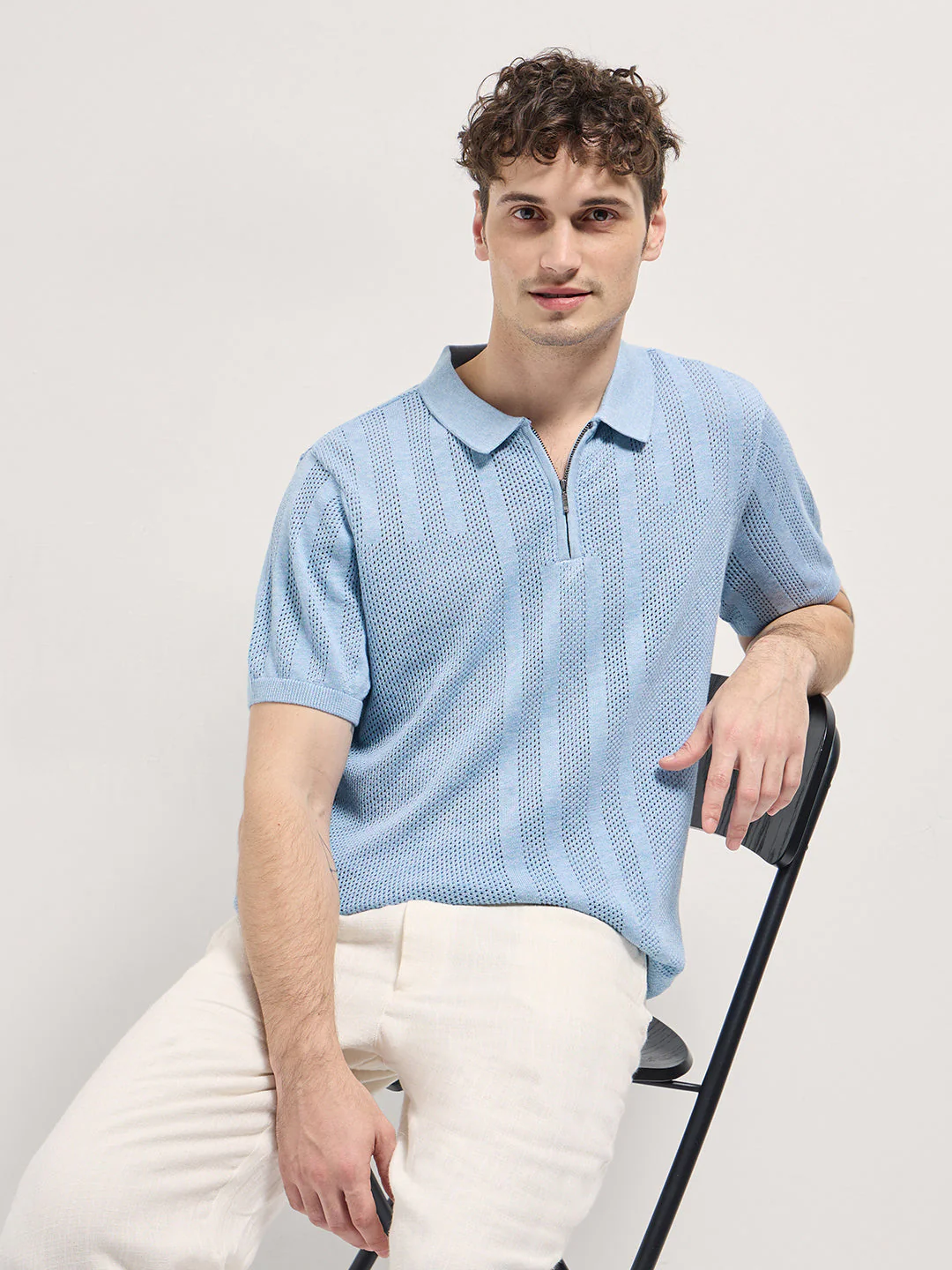 Men Light Blue Vertical textured knit Design Regular Fit Polo