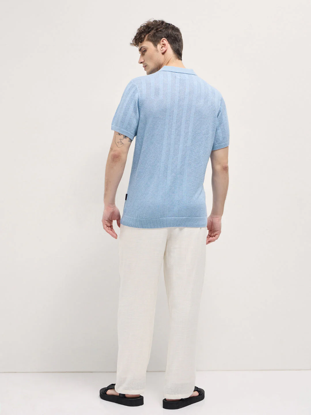 Men Light Blue Vertical textured knit Design Regular Fit Polo - Image 2