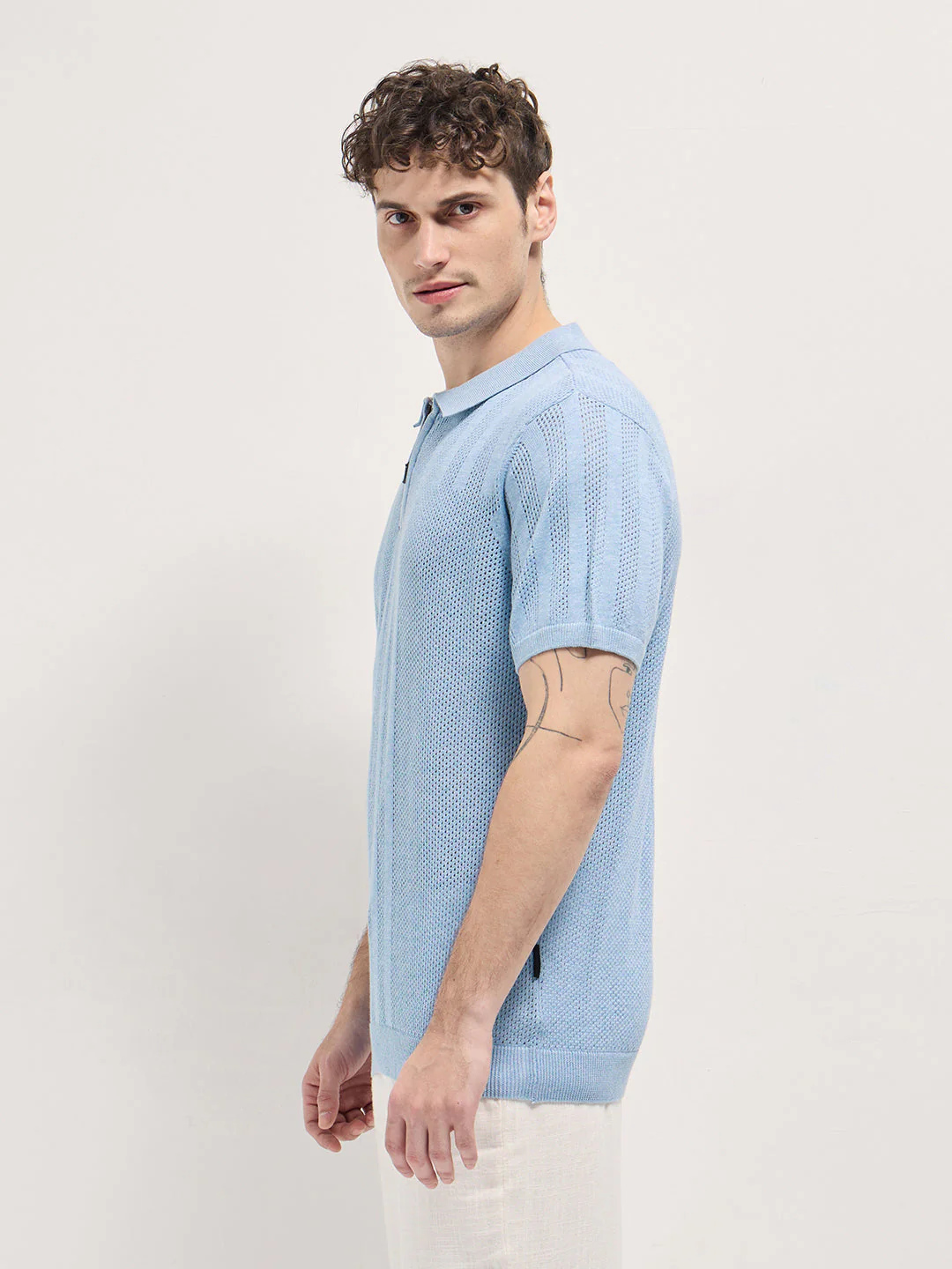 Men Light Blue Vertical textured knit Design Regular Fit Polo - Image 3