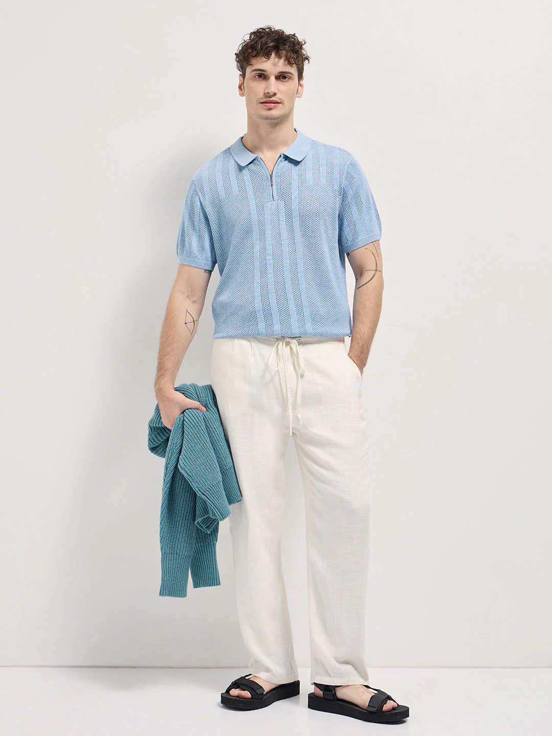 Men Light Blue Vertical textured knit Design Regular Fit Polo - Image 4