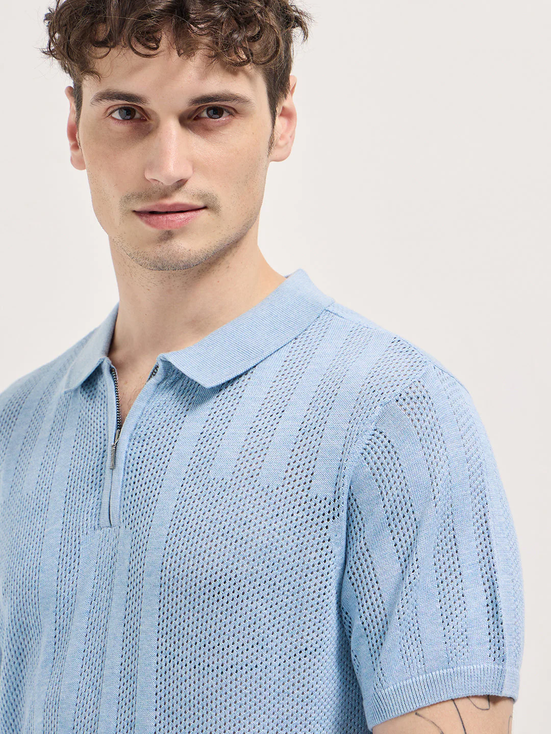 Men Light Blue Vertical textured knit Design Regular Fit Polo - Image 5