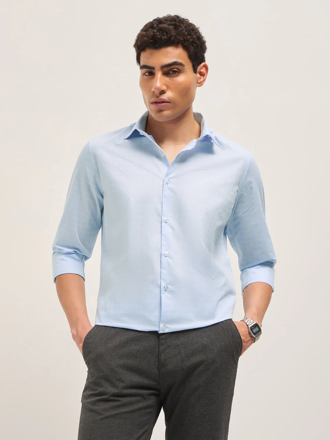 Men Light Blue Windowpane Checks Tailored Fit Formal Shirt