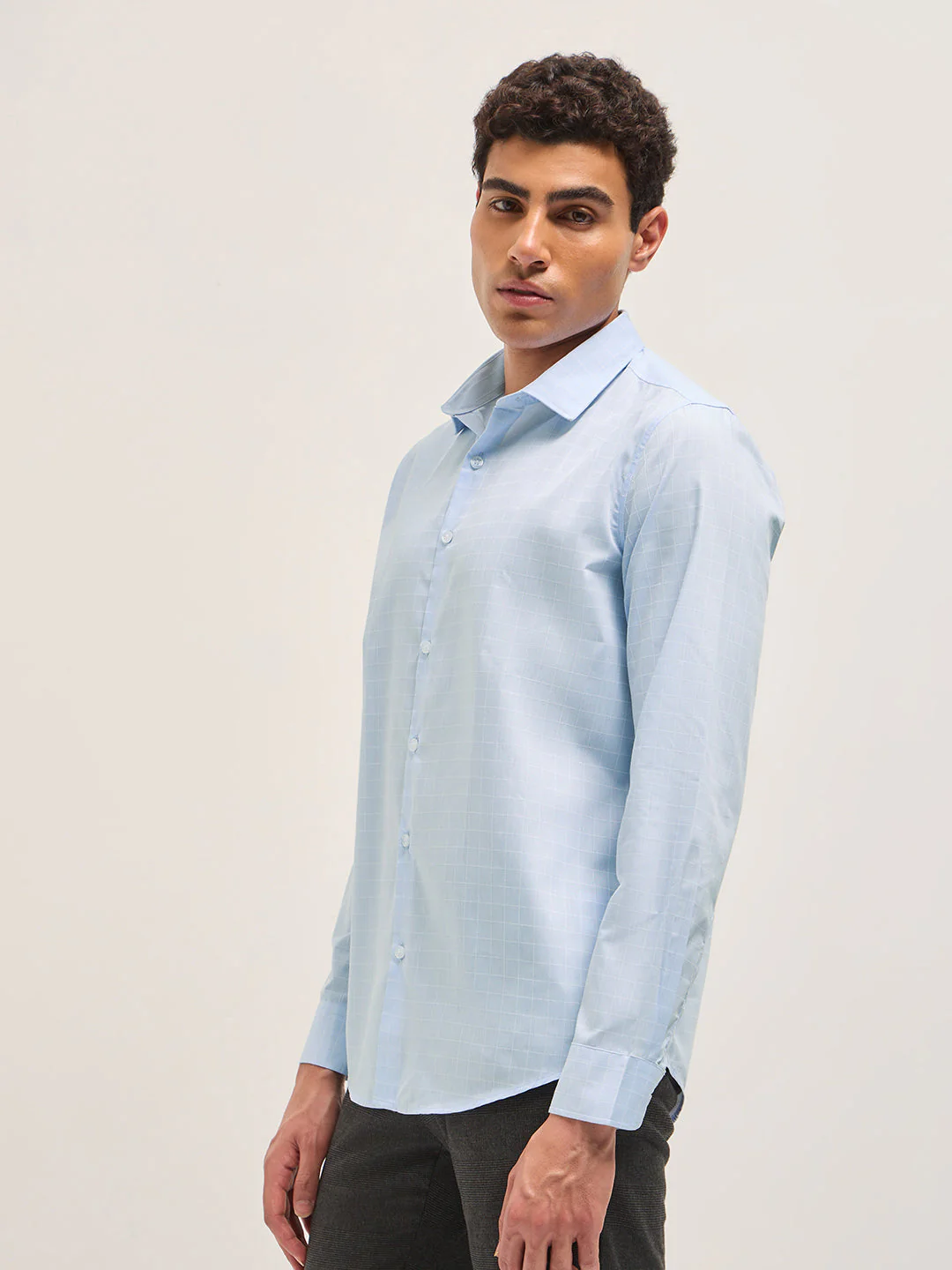 Men Light Blue Windowpane Checks Tailored Fit Formal Shirt - Image 3