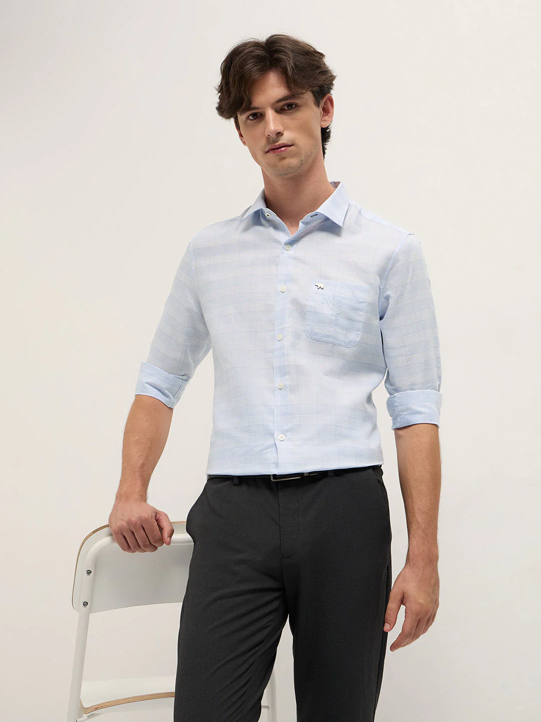 Men Light Blue Woven Checked Design Tailored Fit Formal Shirt