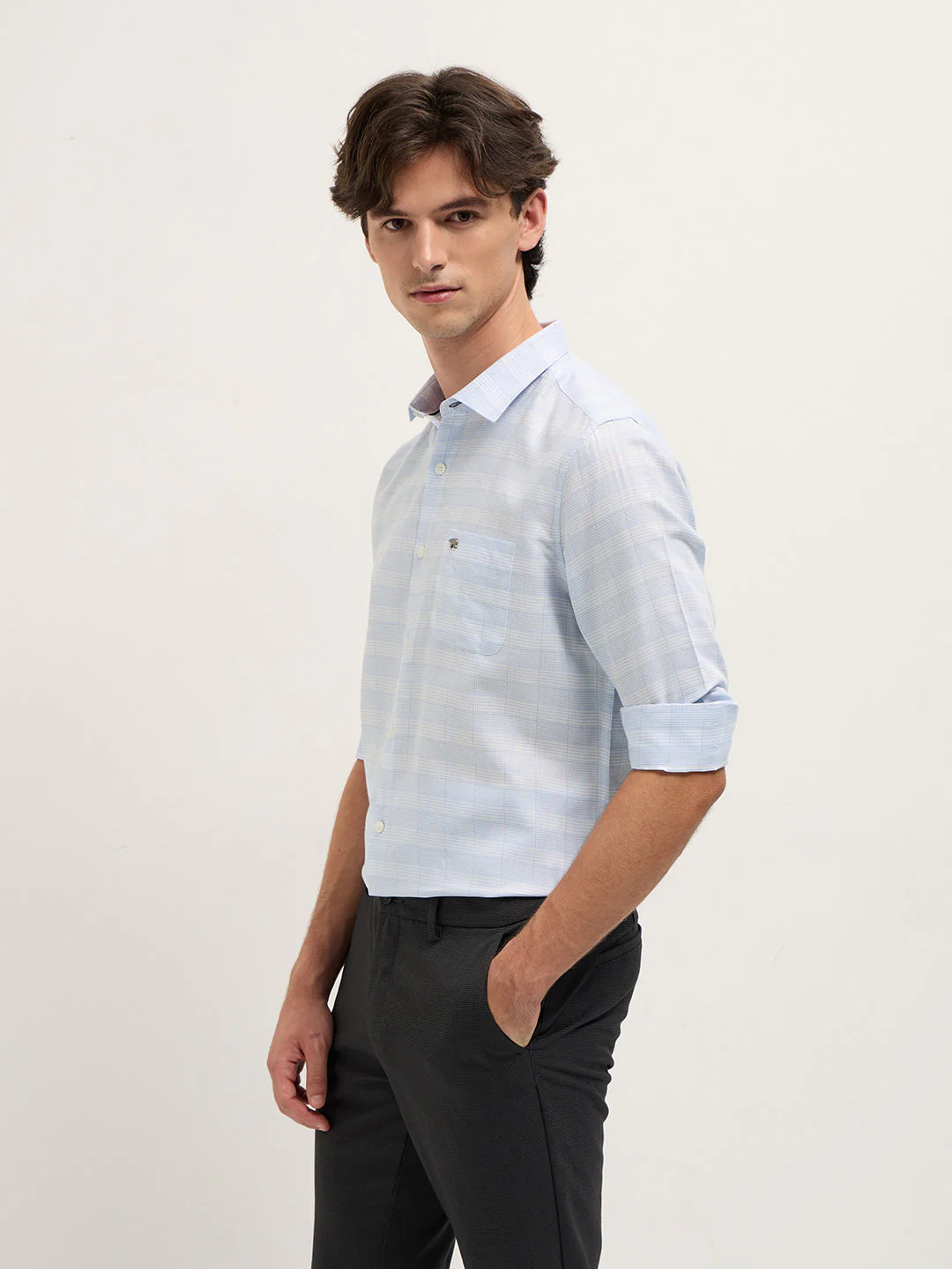 Men Light Blue Woven Checked Design Tailored Fit Formal Shirt - Image 3