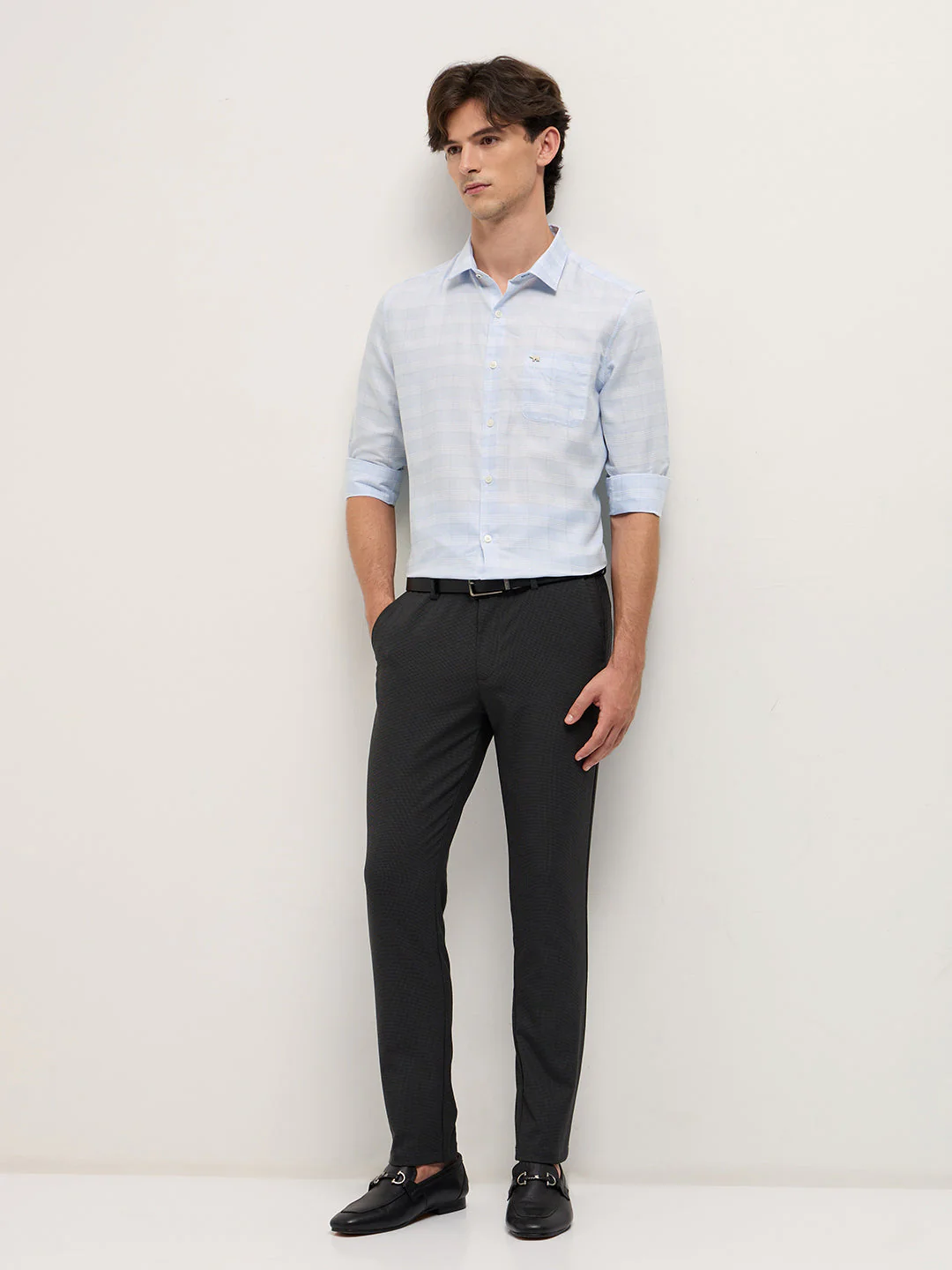 Men Light Blue Woven Checked Design Tailored Fit Formal Shirt - Image 4