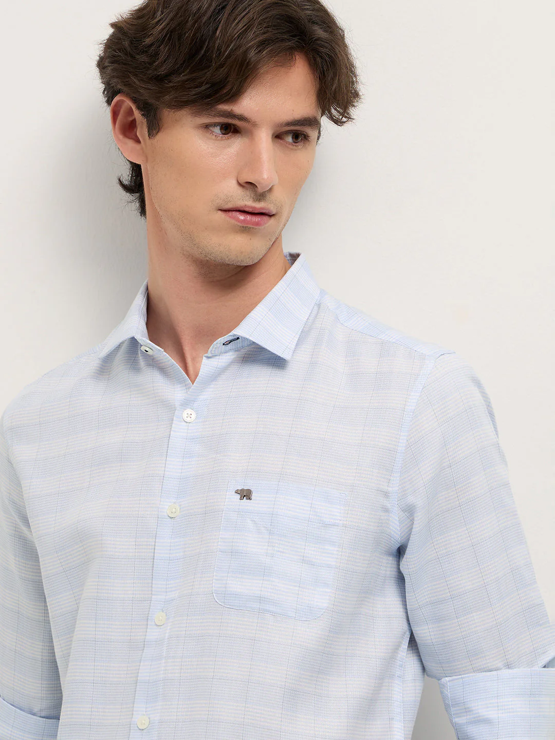 Men Light Blue Woven Checked Design Tailored Fit Formal Shirt - Image 5