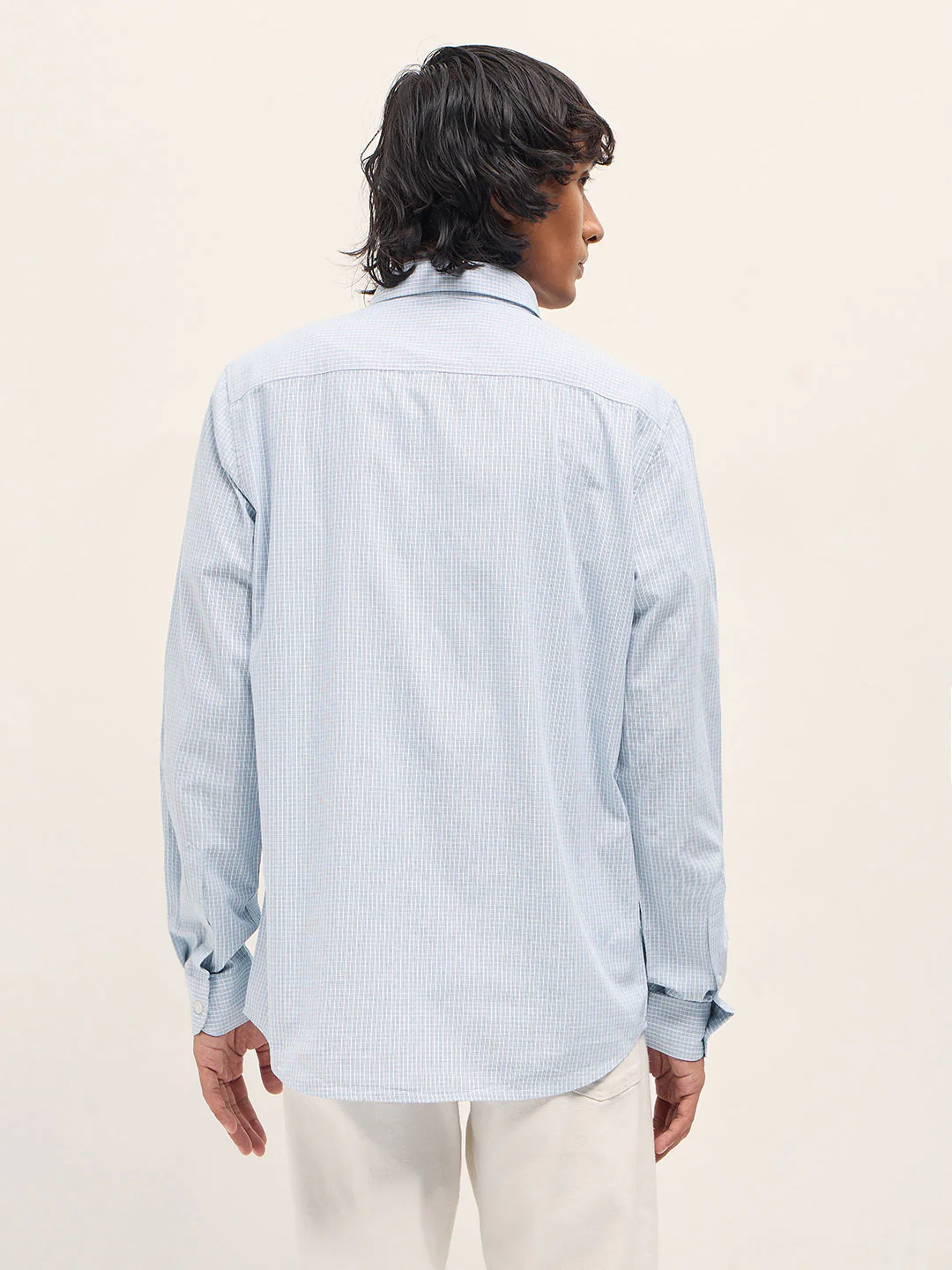 Men Light Blue Woven Checked Slim Fit Casual Shirt - Image 2