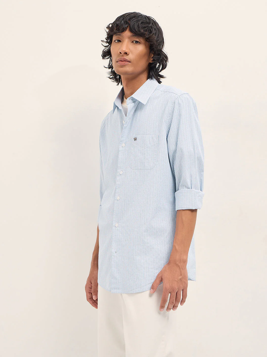 Men Light Blue Woven Checked Slim Fit Casual Shirt - Image 3