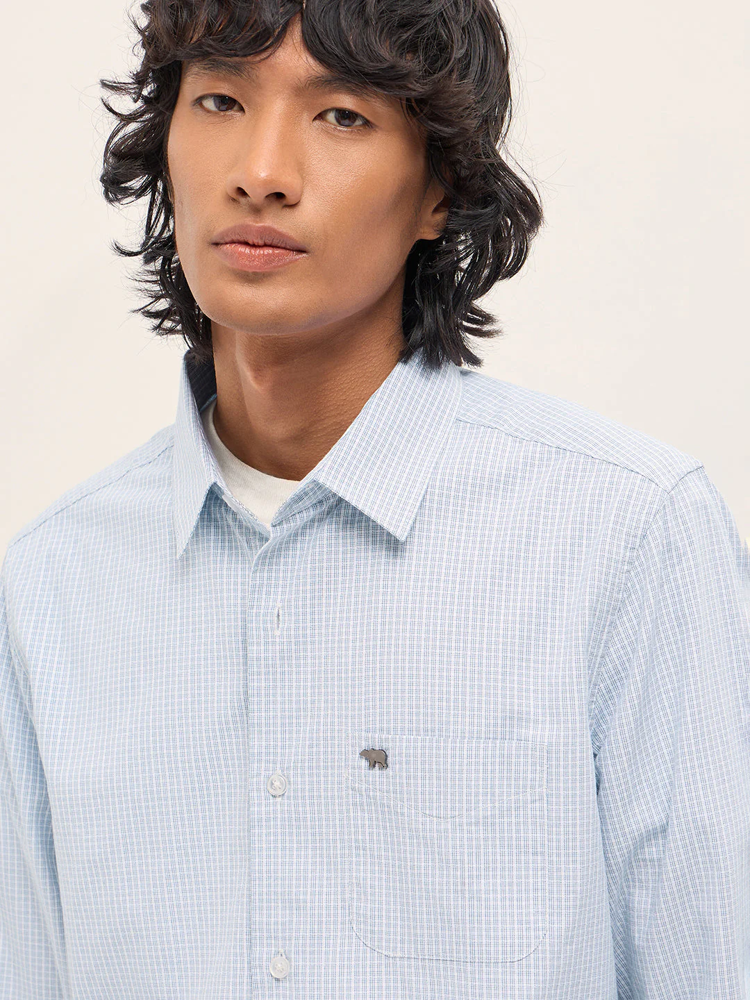 Men Light Blue Woven Checked Slim Fit Casual Shirt - Image 5
