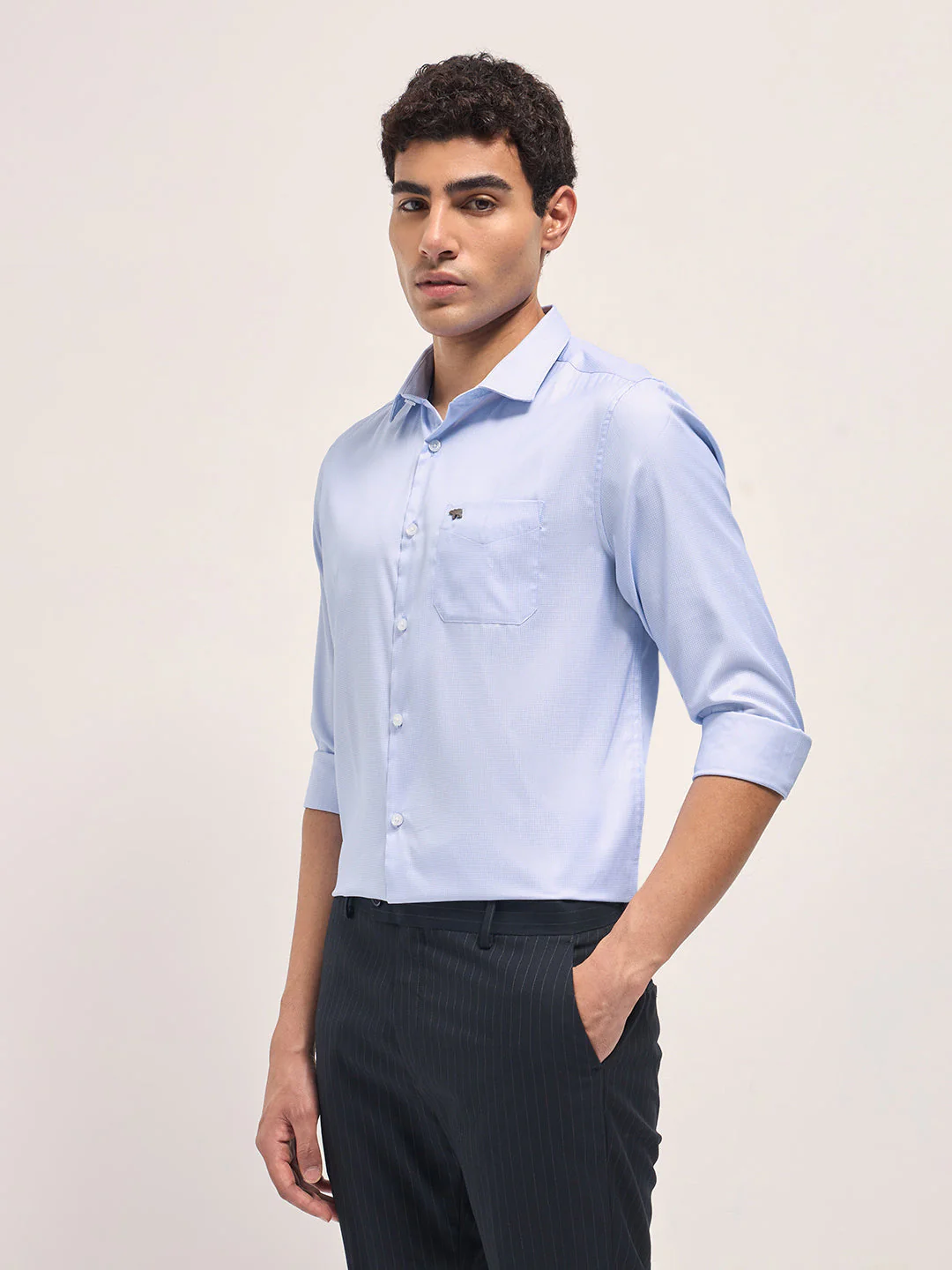 Men Light Blue Woven Design Tailored Fit Formal Shirt - Image 3