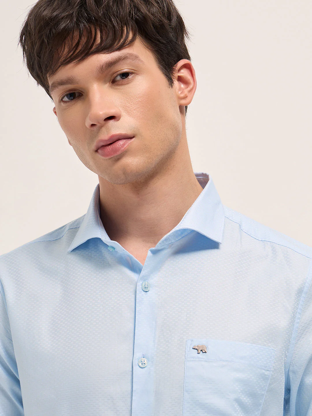 Men Light Blue Woven Pattern Cotton Tailored Fit Formal Shirt - Image 5