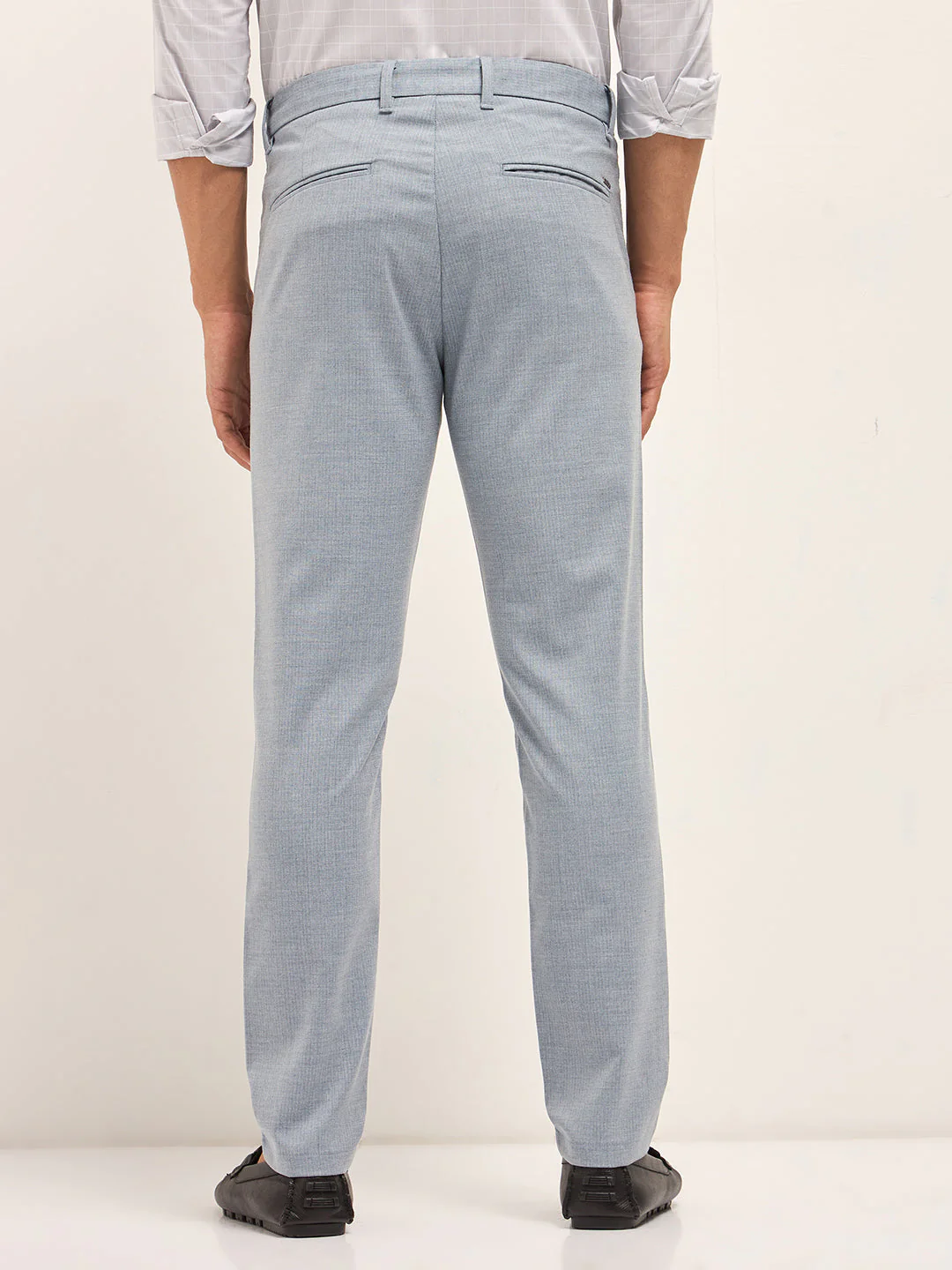 Men Light Blue Woven Pinstripe Slim Fit Formal Trousers - Image 2