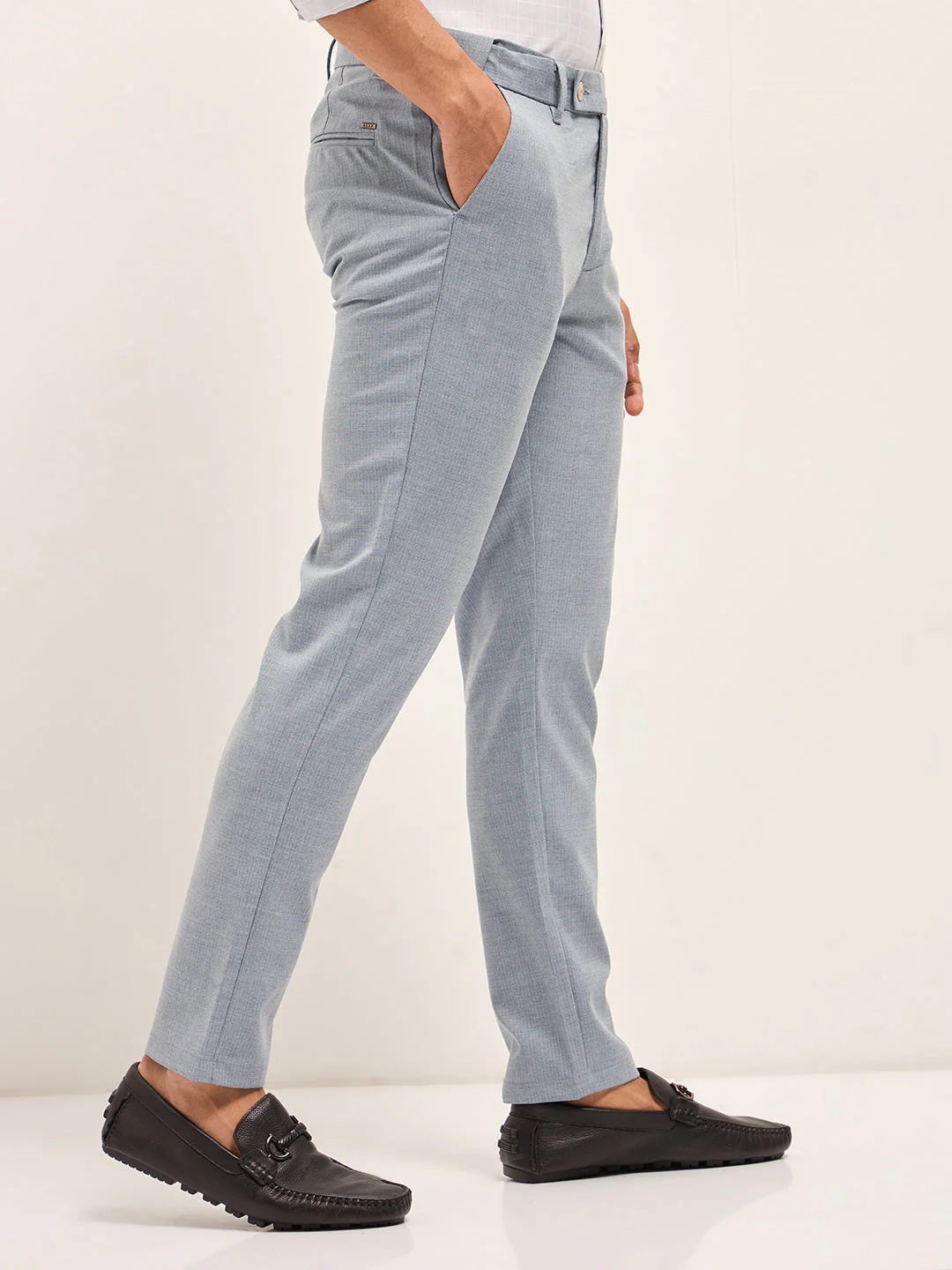 Men Light Blue Woven Pinstripe Slim Fit Formal Trousers - Image 3