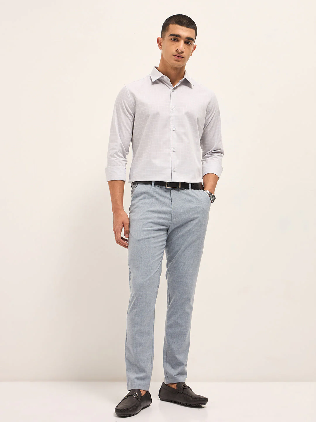 Men Light Blue Woven Pinstripe Slim Fit Formal Trousers - Image 4