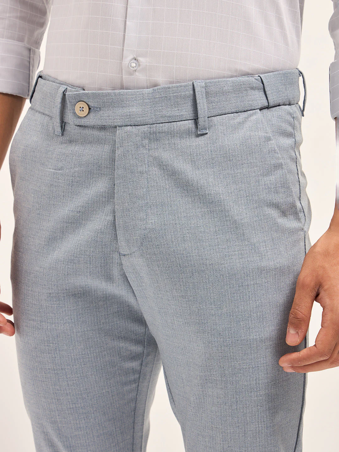 Men Light Blue Woven Pinstripe Slim Fit Formal Trousers - Image 5