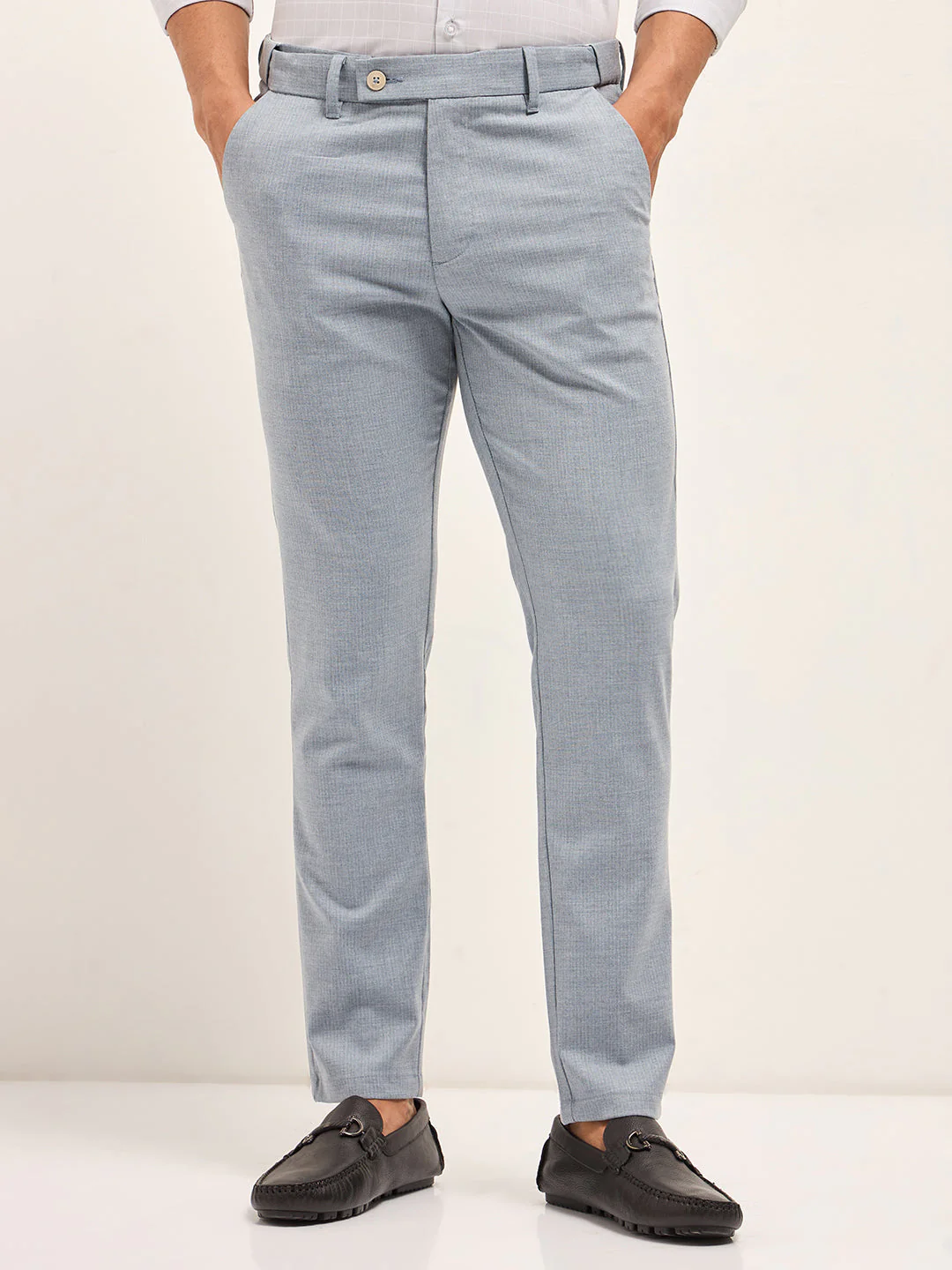 Men Light Blue Woven Pinstripe Slim Fit Formal Trousers - Image 7