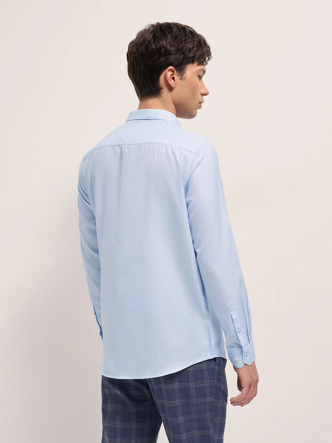 Men Light Blue Woven Pinstripe Tailored Fit Formal Shirt - Image 2
