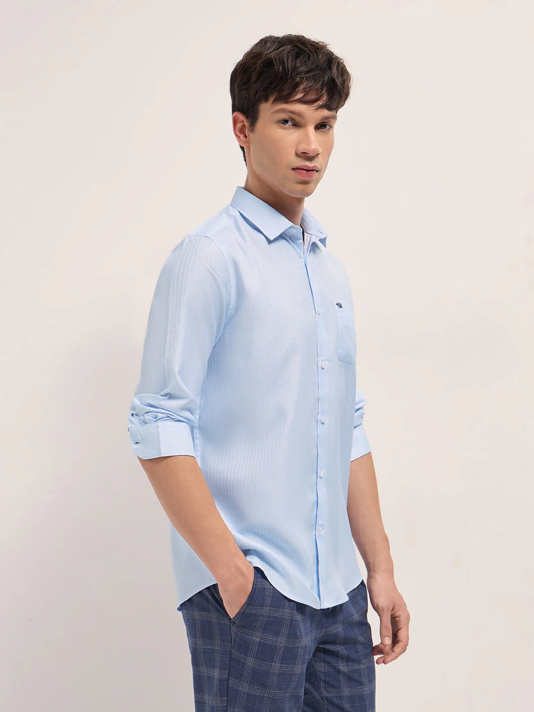 Men Light Blue Woven Pinstripe Tailored Fit Formal Shirt - Image 3