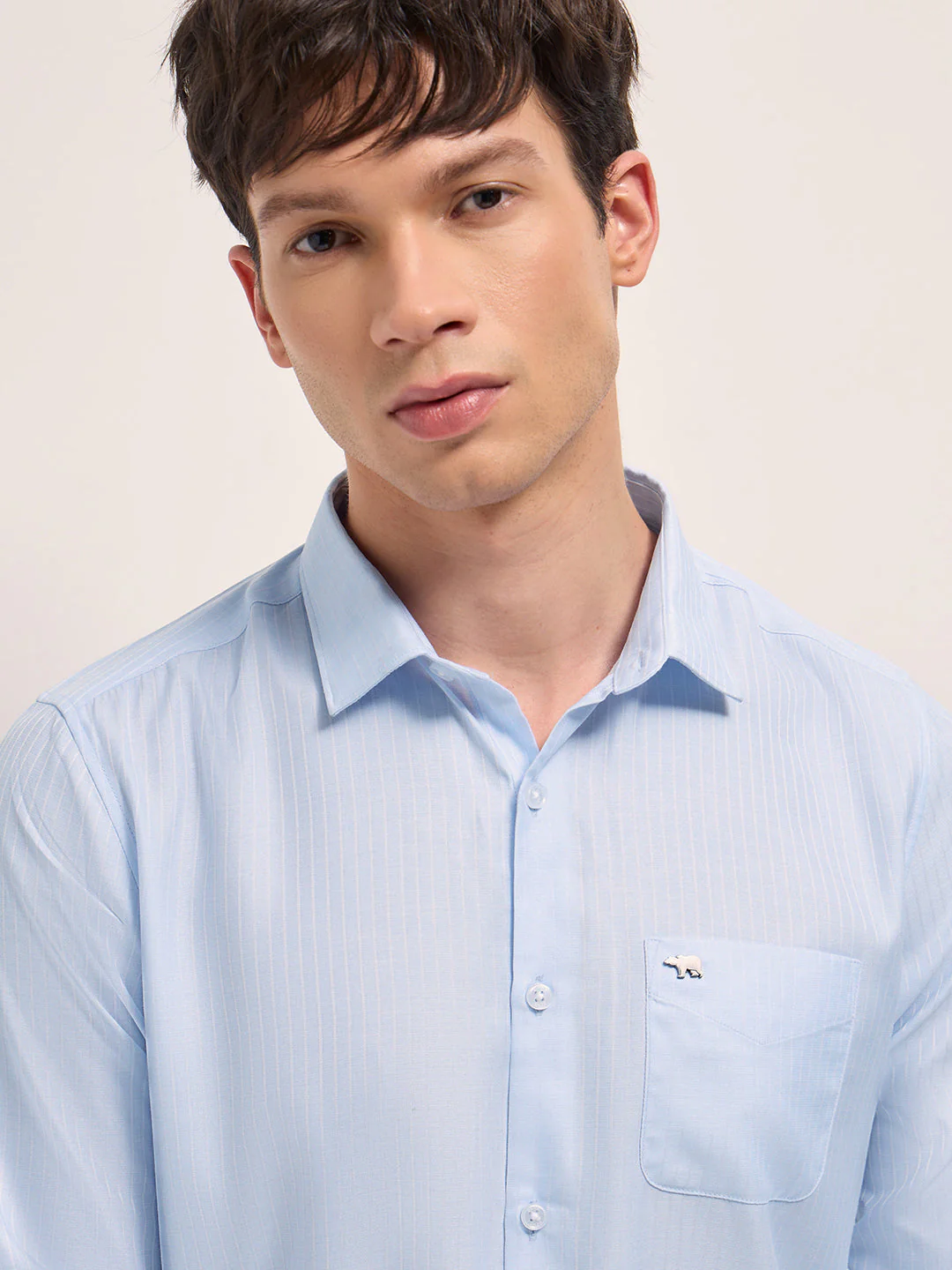 Men Light Blue Woven Pinstripe Tailored Fit Formal Shirt - Image 5