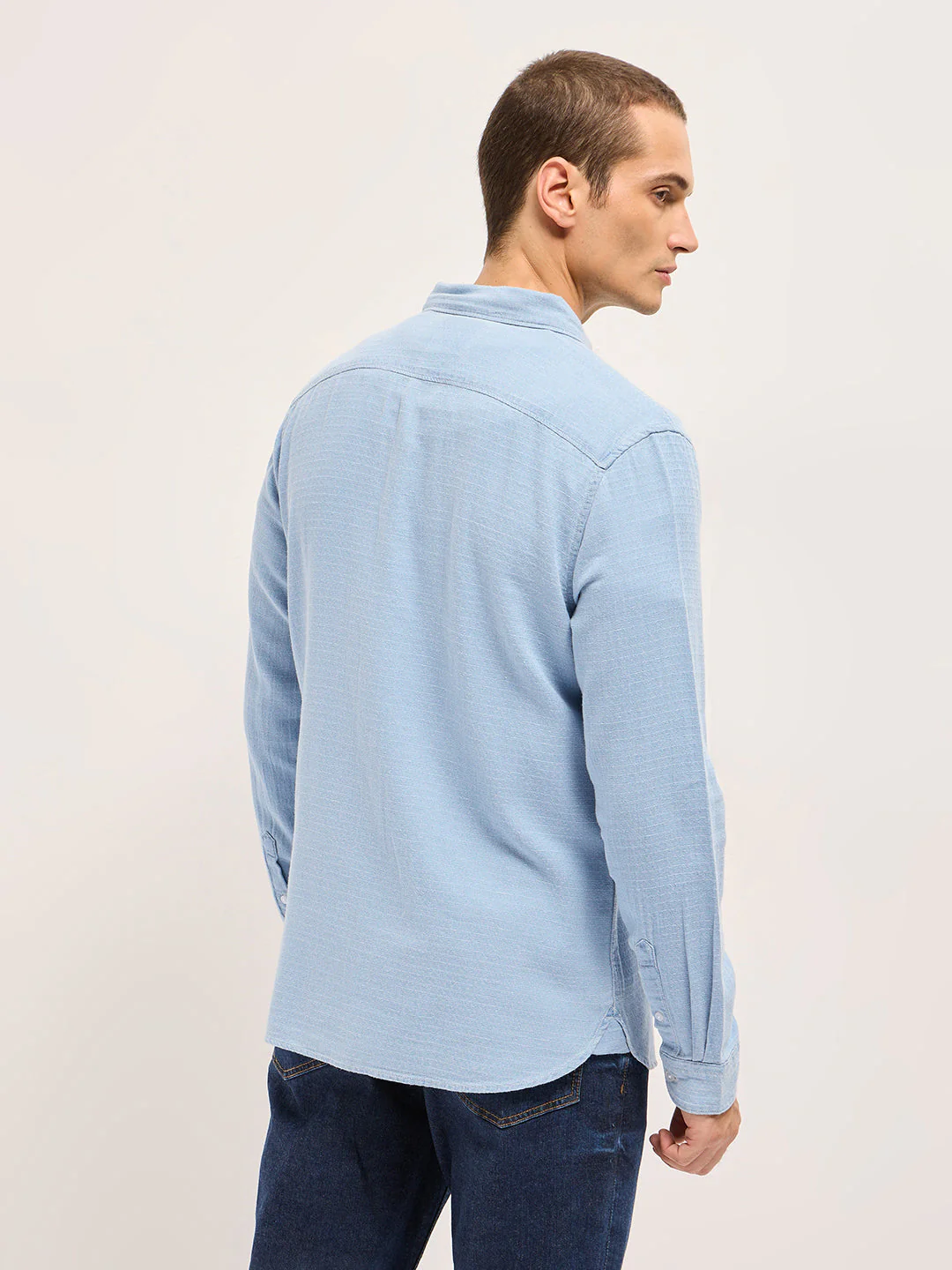 Men Light Blue Woven Self-Design Denim Cotton Slim Fit Casual Shirt - Image 2