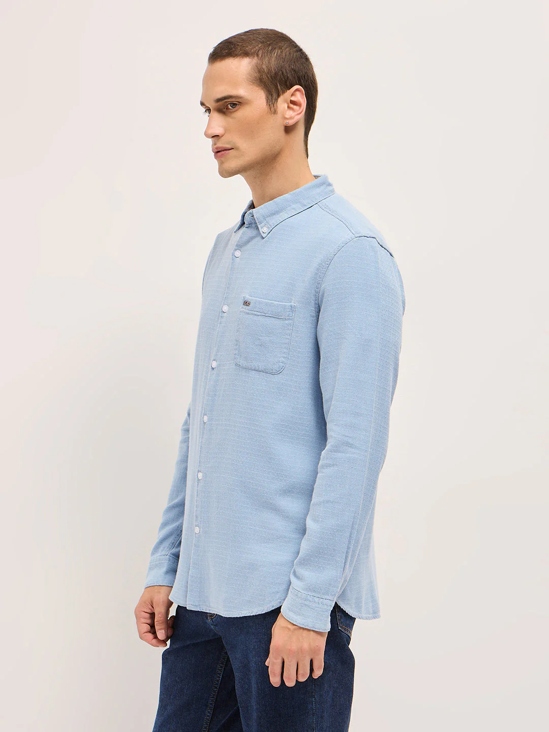 Men Light Blue Woven Self-Design Denim Cotton Slim Fit Casual Shirt - Image 3